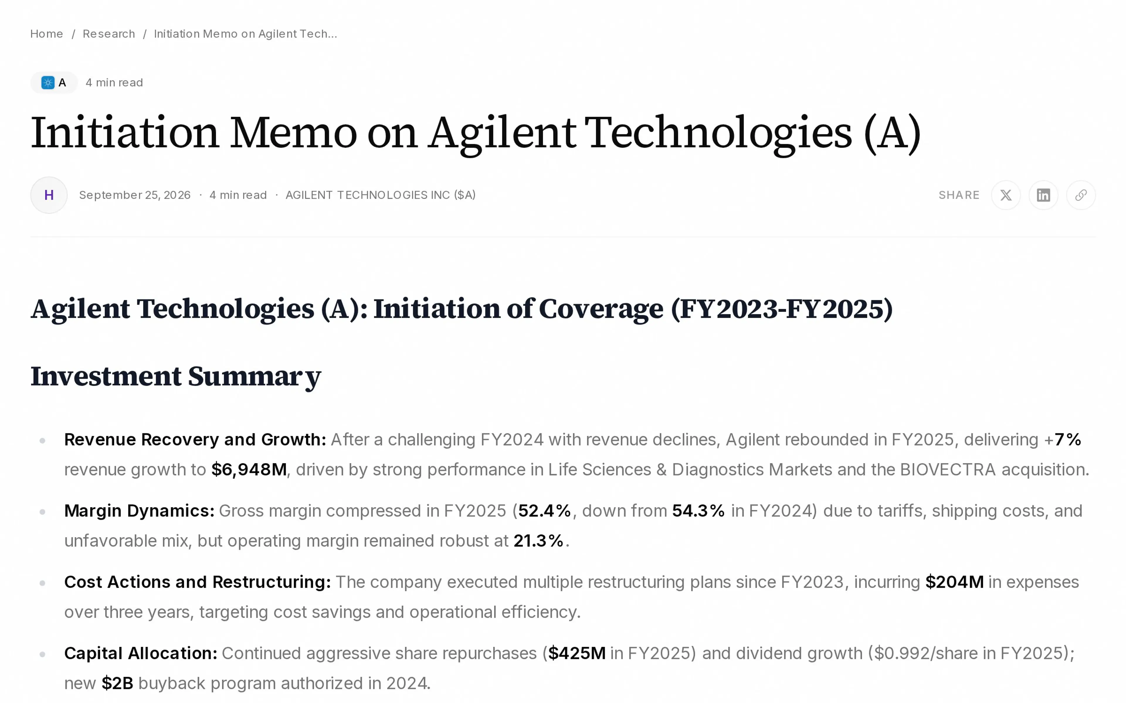 Initiation Memo on Agilent Technologies (A)