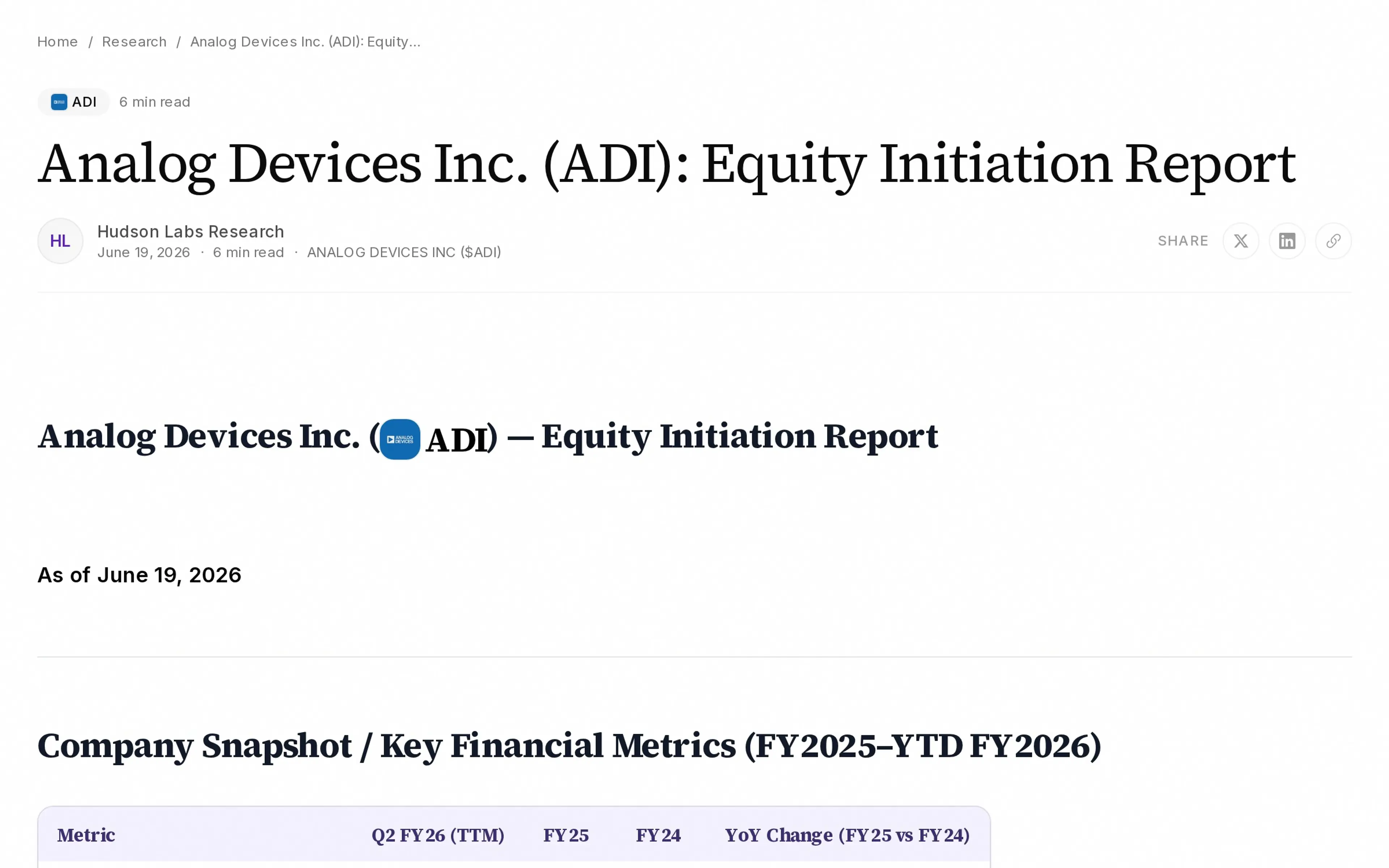 Analog Devices Inc. (ADI): Equity Initiation Report