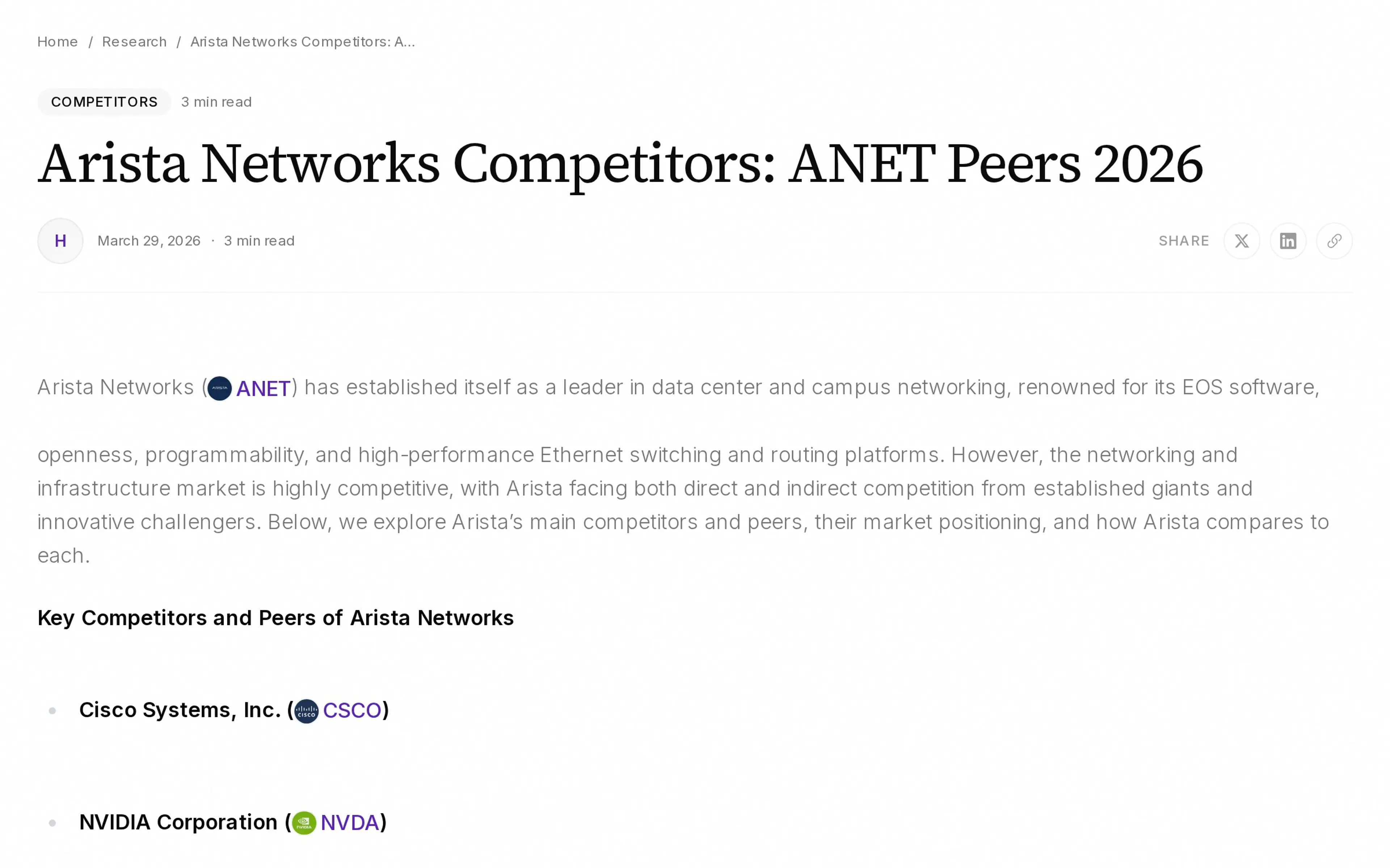 Arista Networks Competitors: ANET Peers 2026