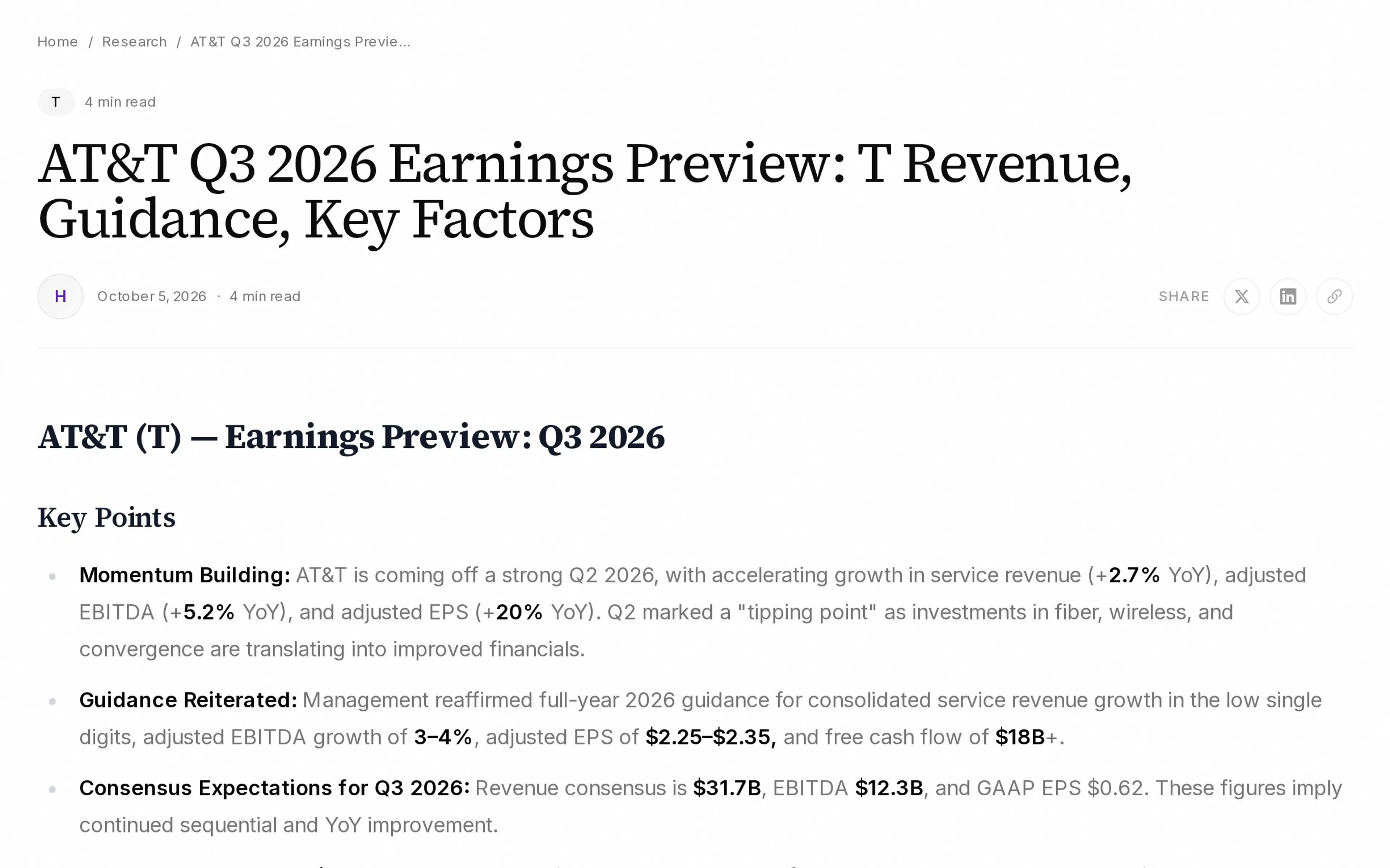 AT&T Q3 2026 Earnings Preview: T Revenue, Guidance, Key Factors