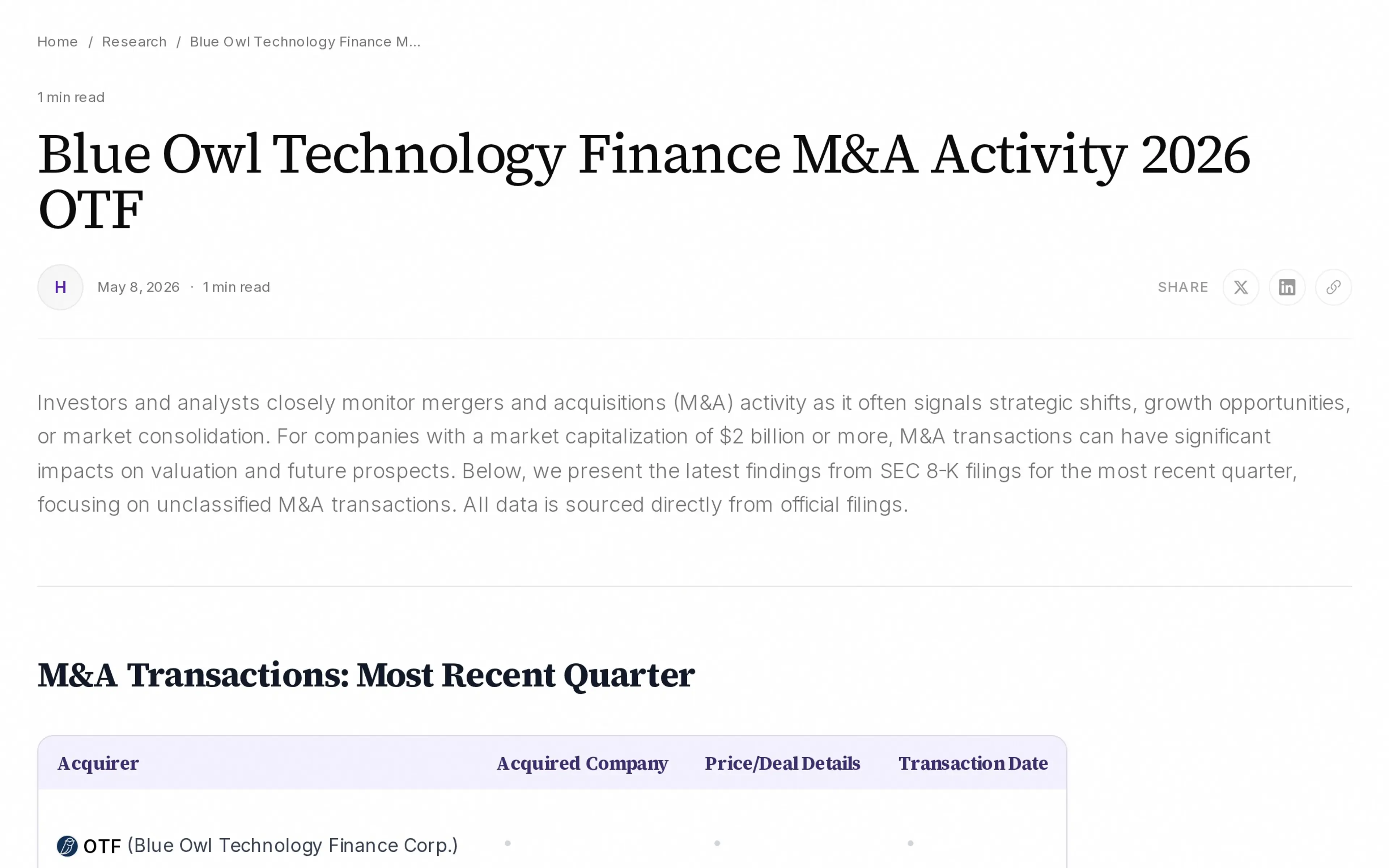 Blue Owl Technology Finance M&A Activity 2026 OTF