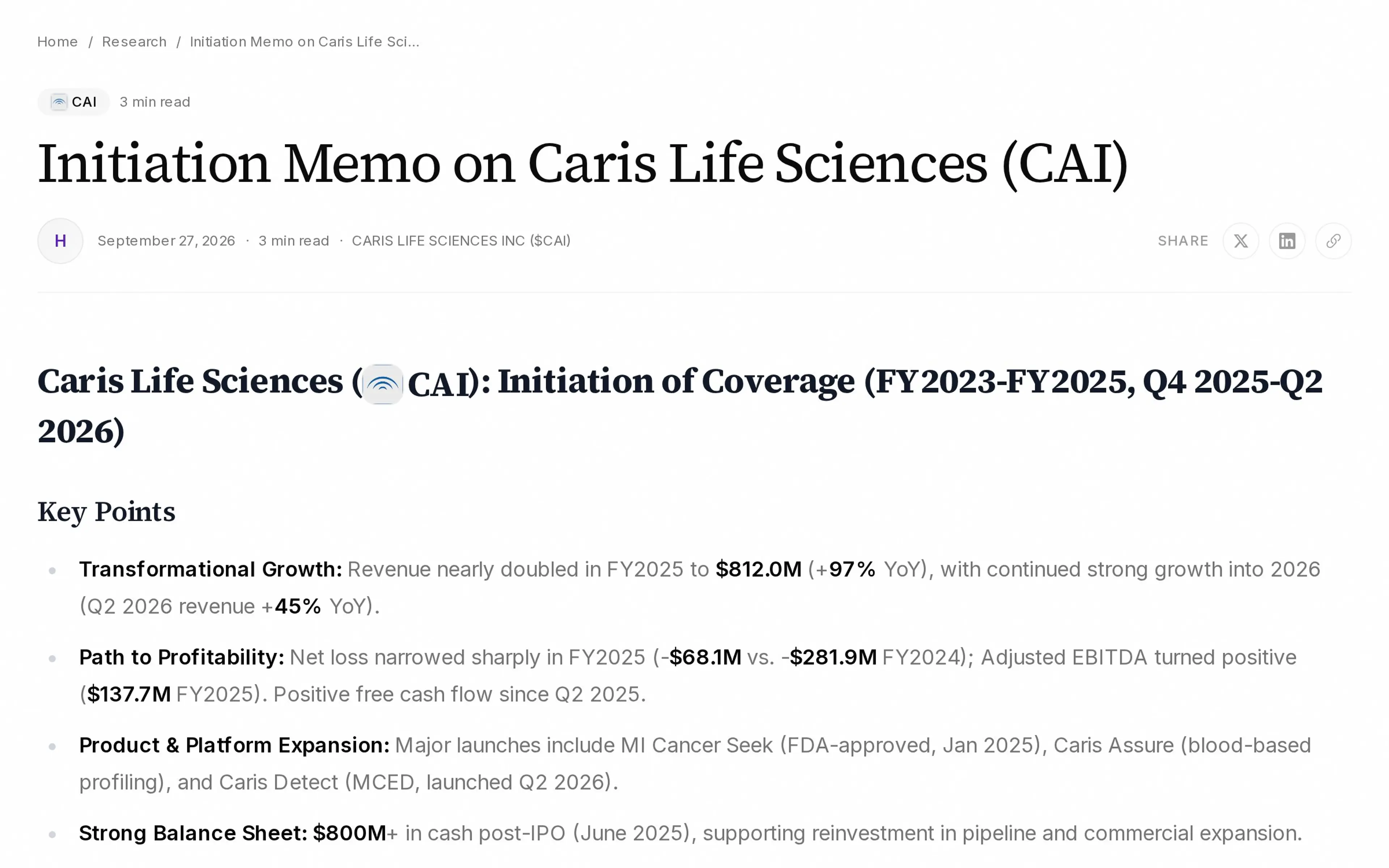 Initiation Memo on Caris Life Sciences (CAI)