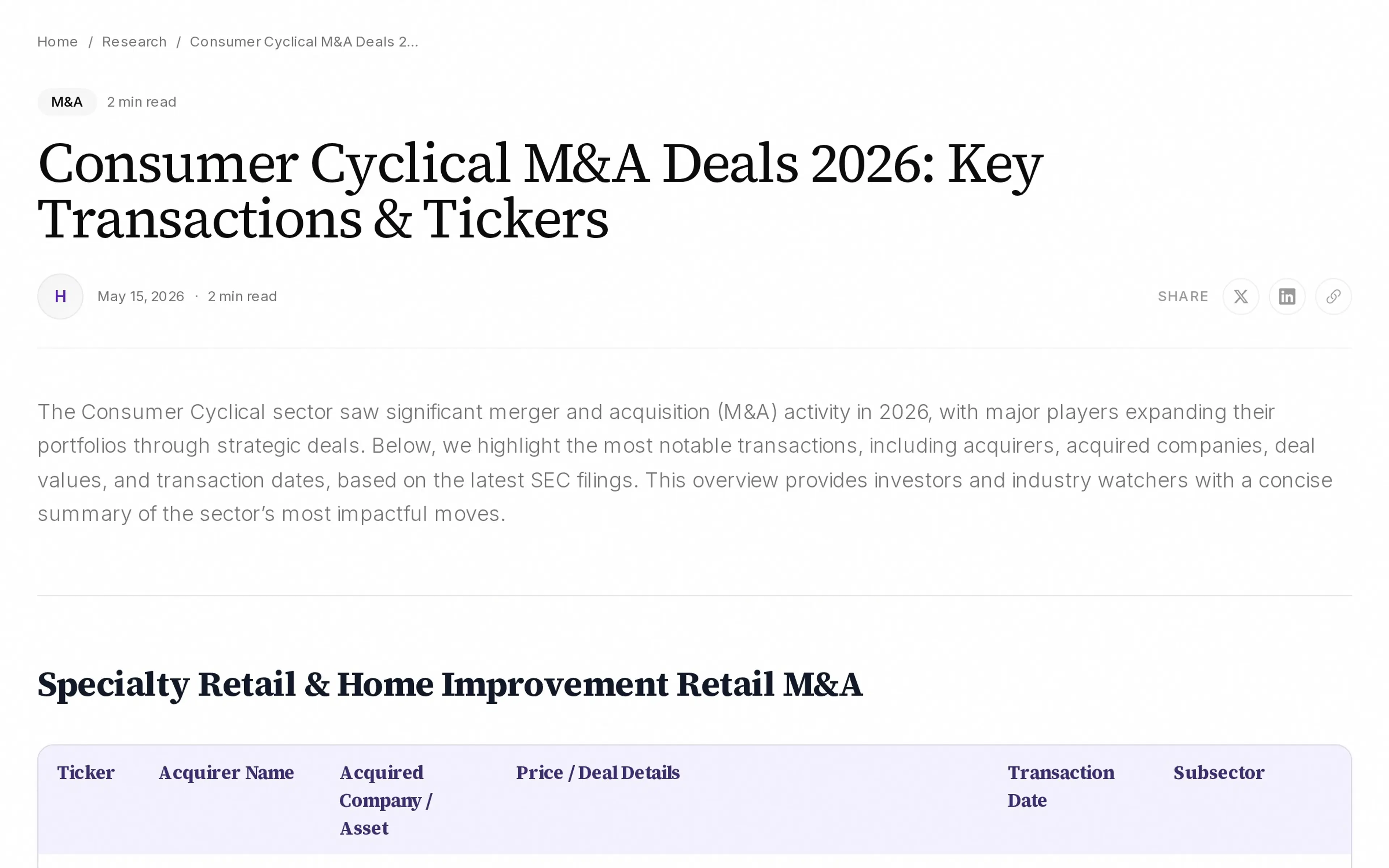 Consumer Cyclical M&A Deals 2026: Key Transactions & Tickers