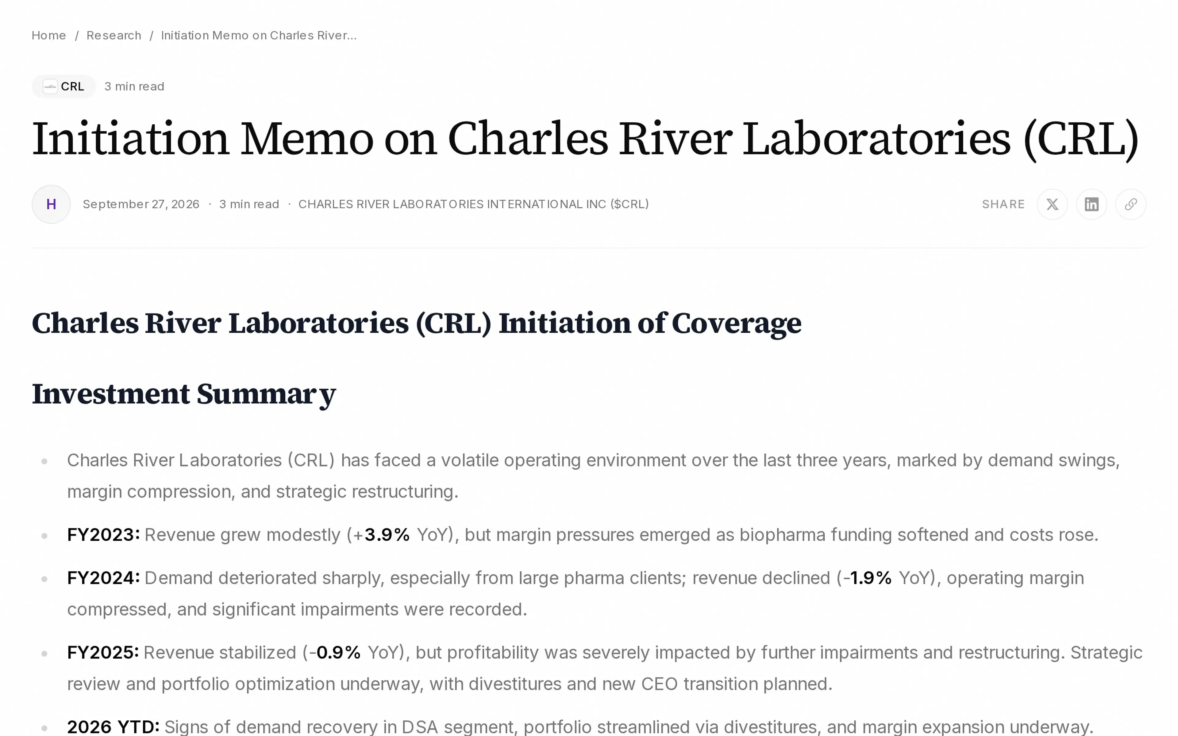 Initiation Memo on Charles River Laboratories (CRL)