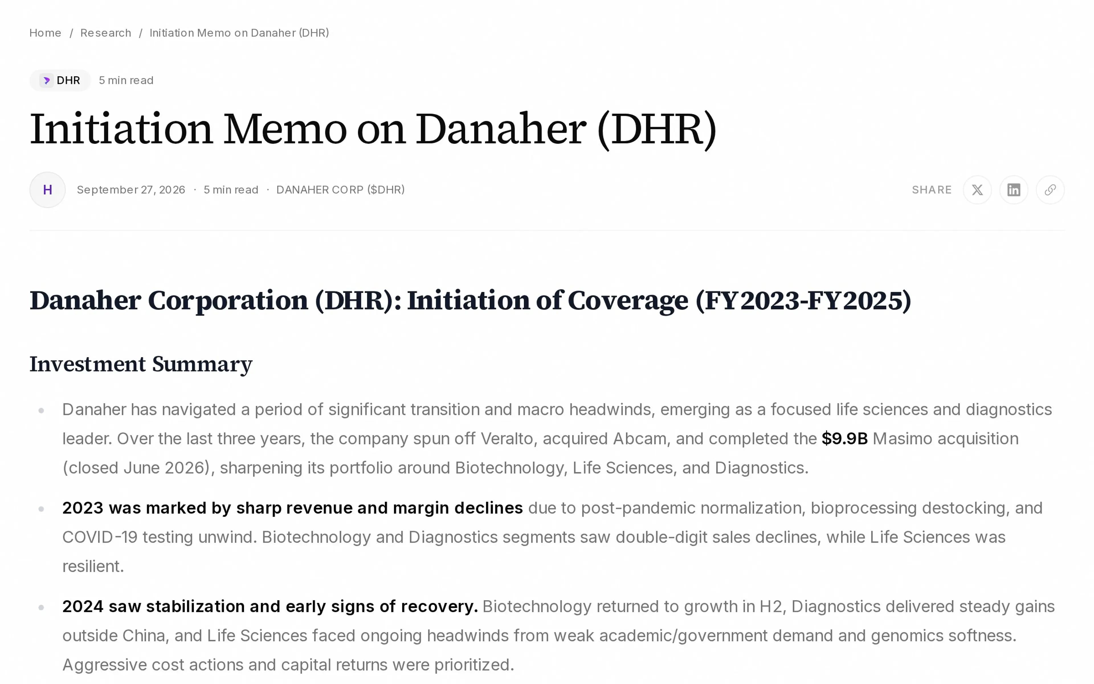 Initiation Memo on Danaher (DHR)