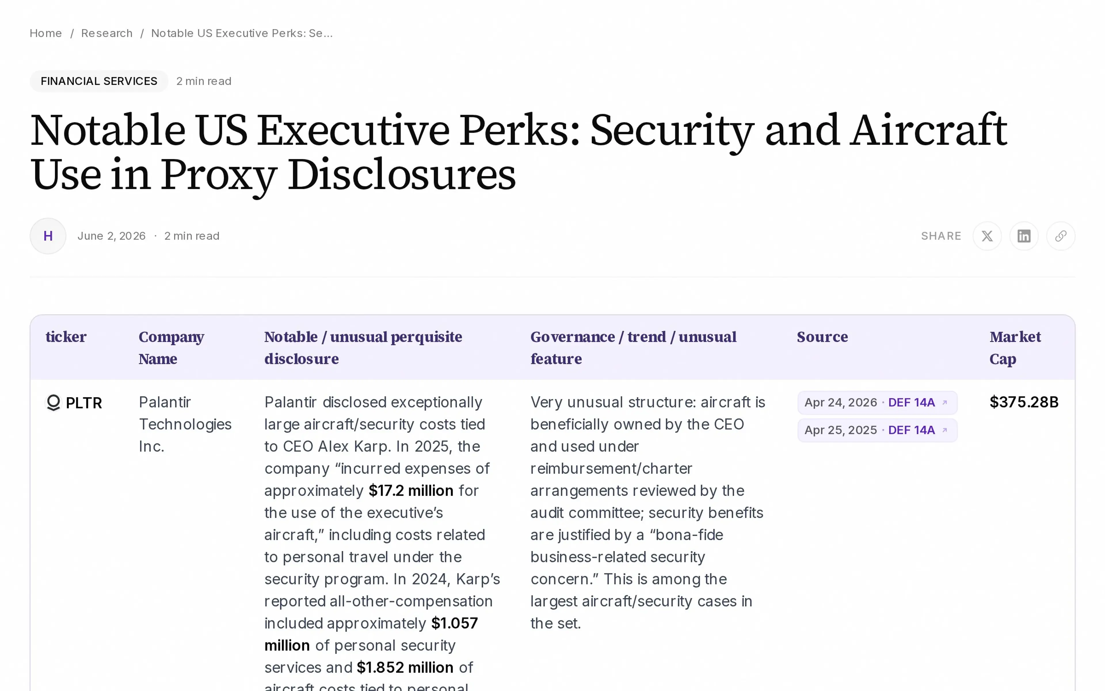 Notable US Executive Perks: Security and Aircraft Use in Proxy Disclosures