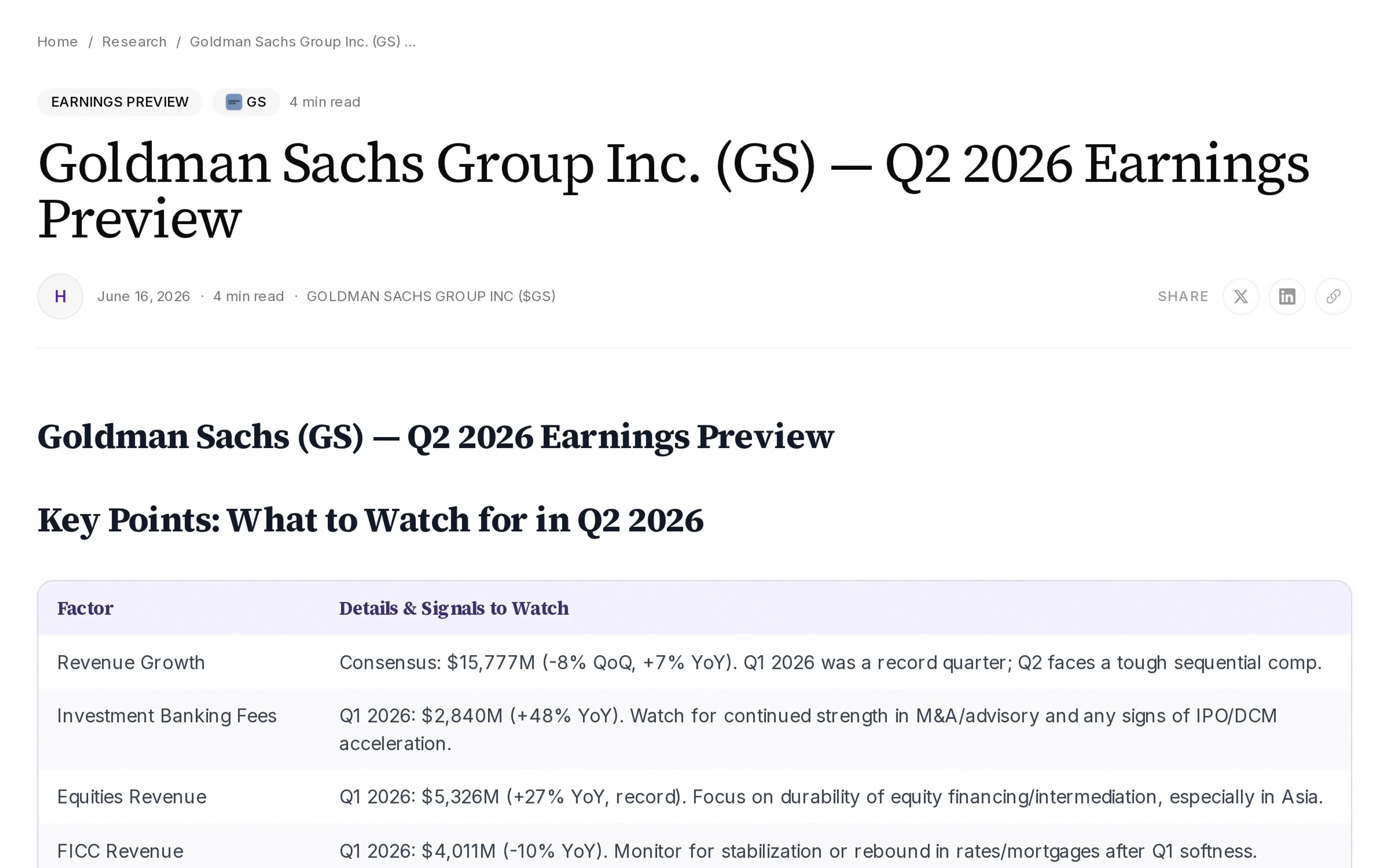 Goldman Sachs Group Inc. (GS) — Q2 2026 Earnings Preview