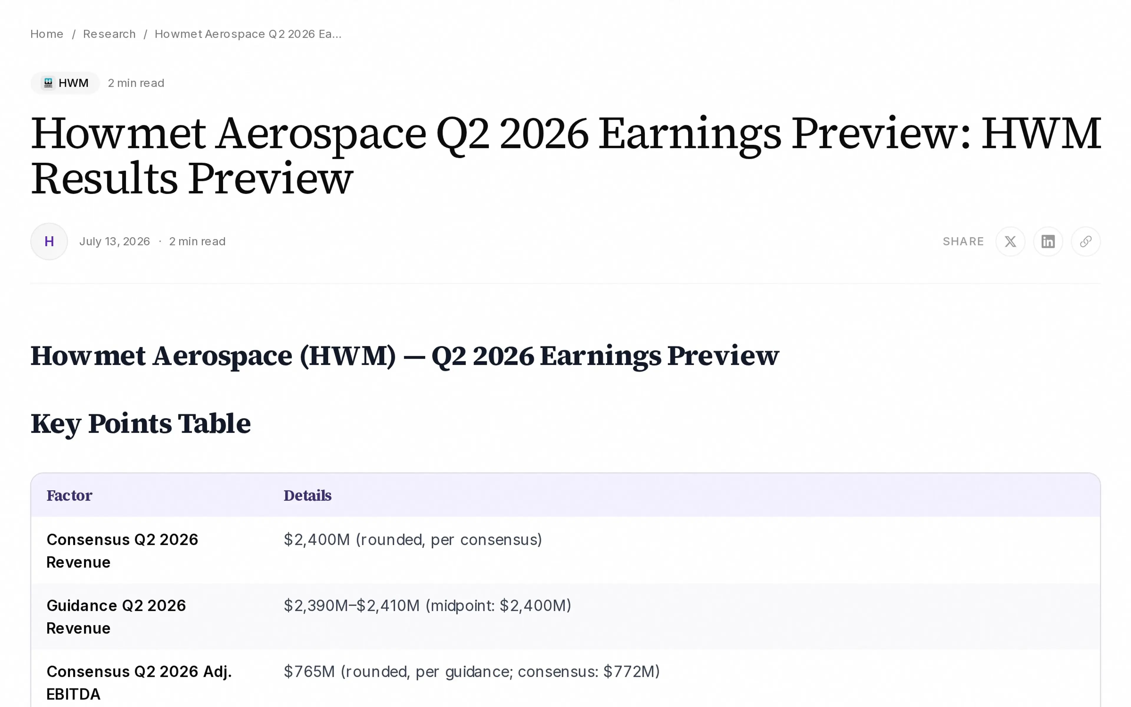Howmet Aerospace Q2 2026 Earnings Preview: HWM Results Preview