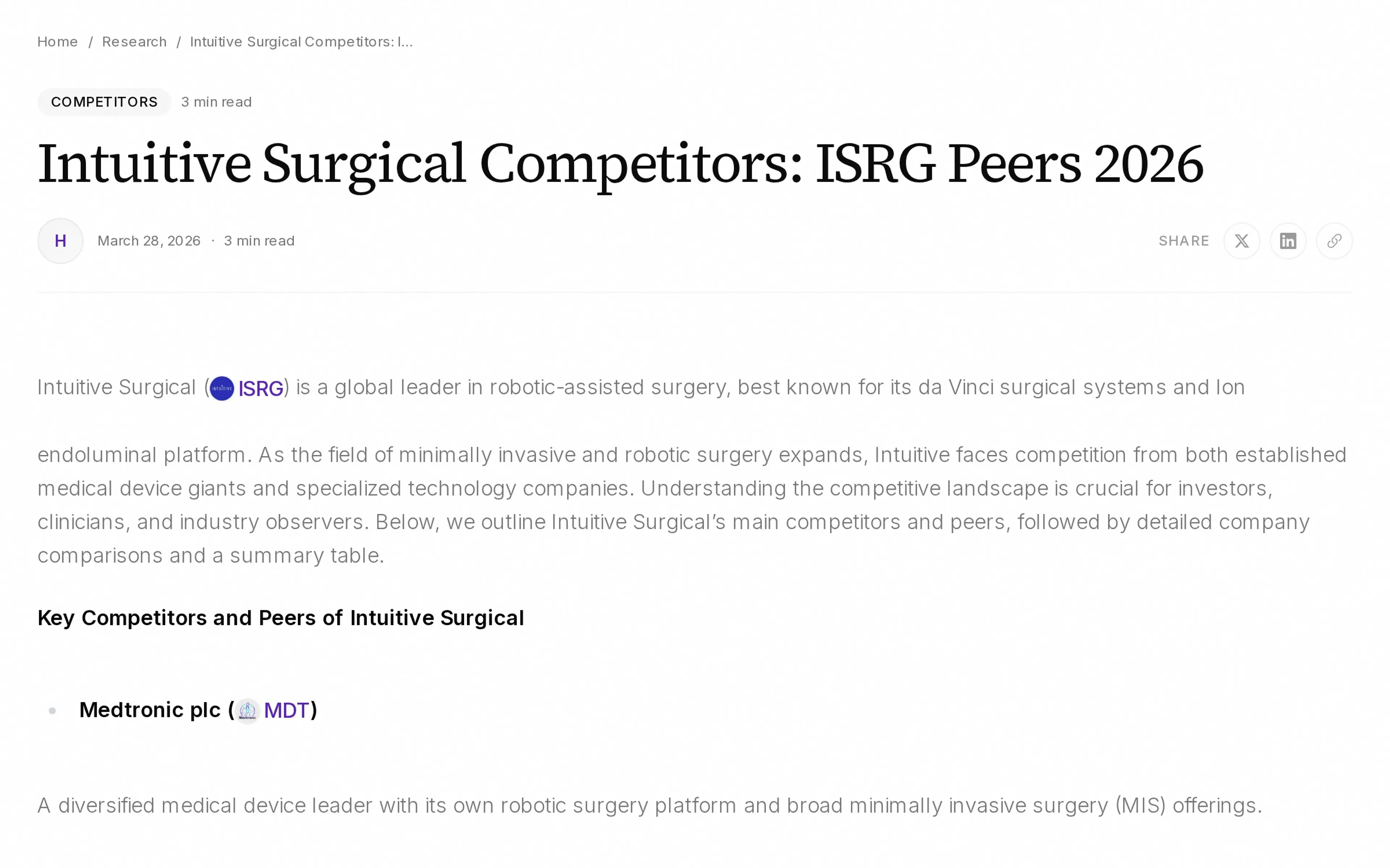 Intuitive Surgical Competitors: ISRG Peers 2026