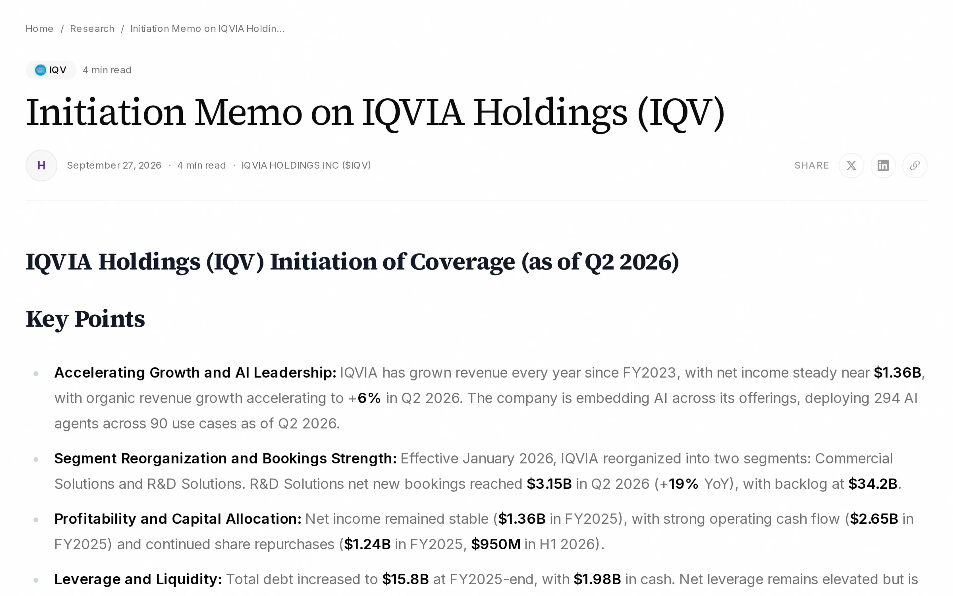 Initiation Memo on IQVIA Holdings (IQV)