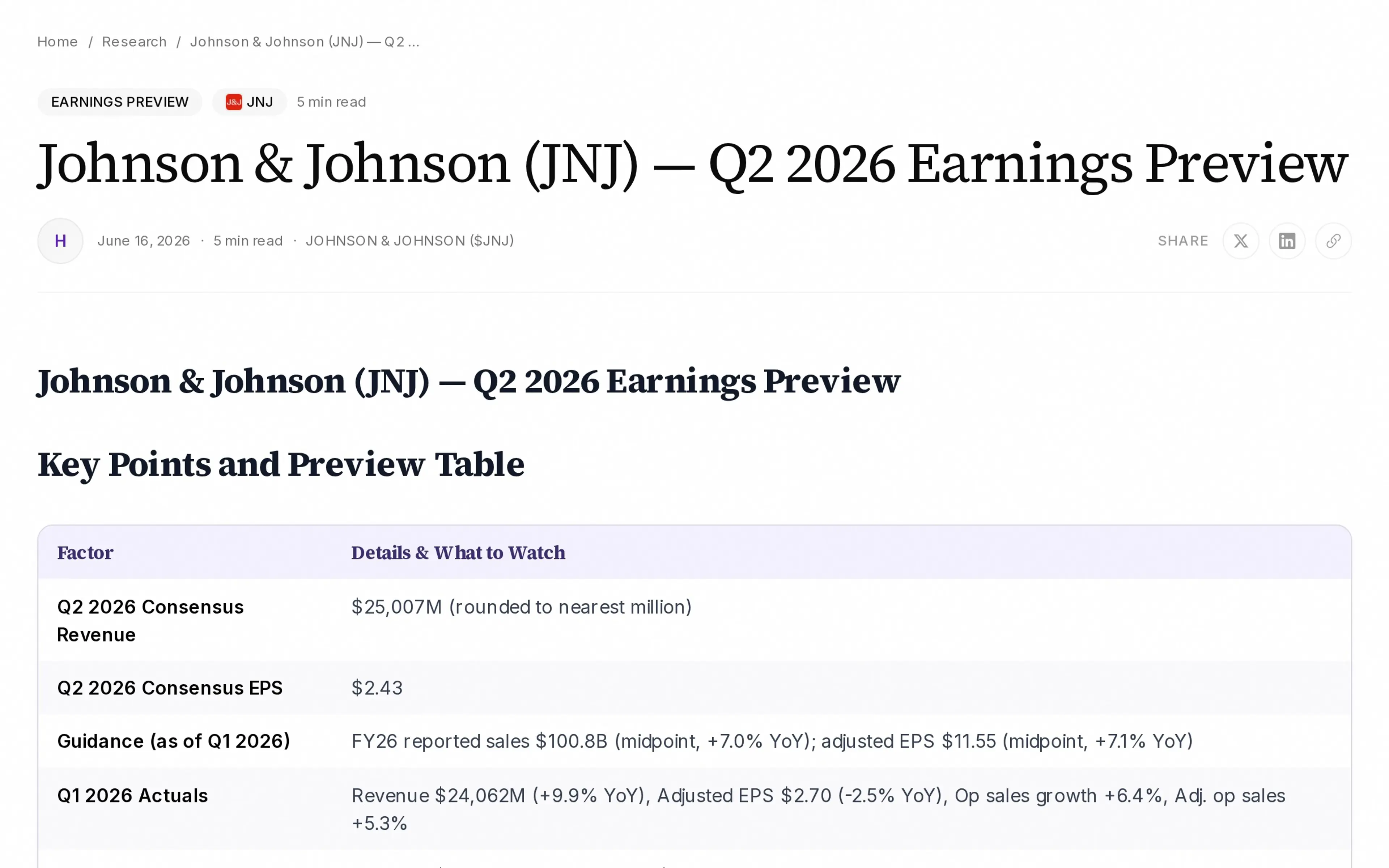 Johnson & Johnson (JNJ) — Q2 2026 Earnings Preview