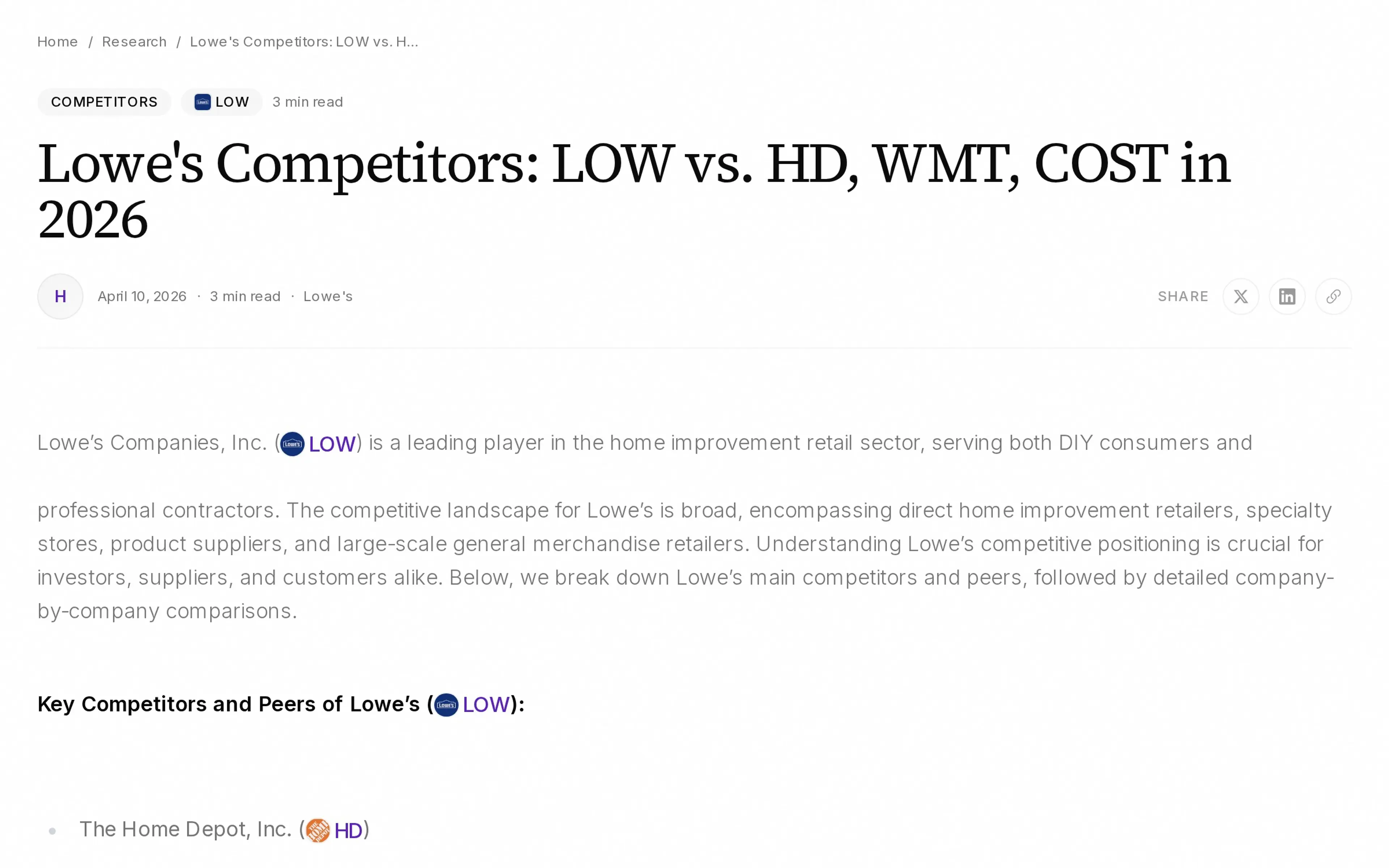 Lowe's Competitors: LOW vs. HD, WMT, COST in 2026