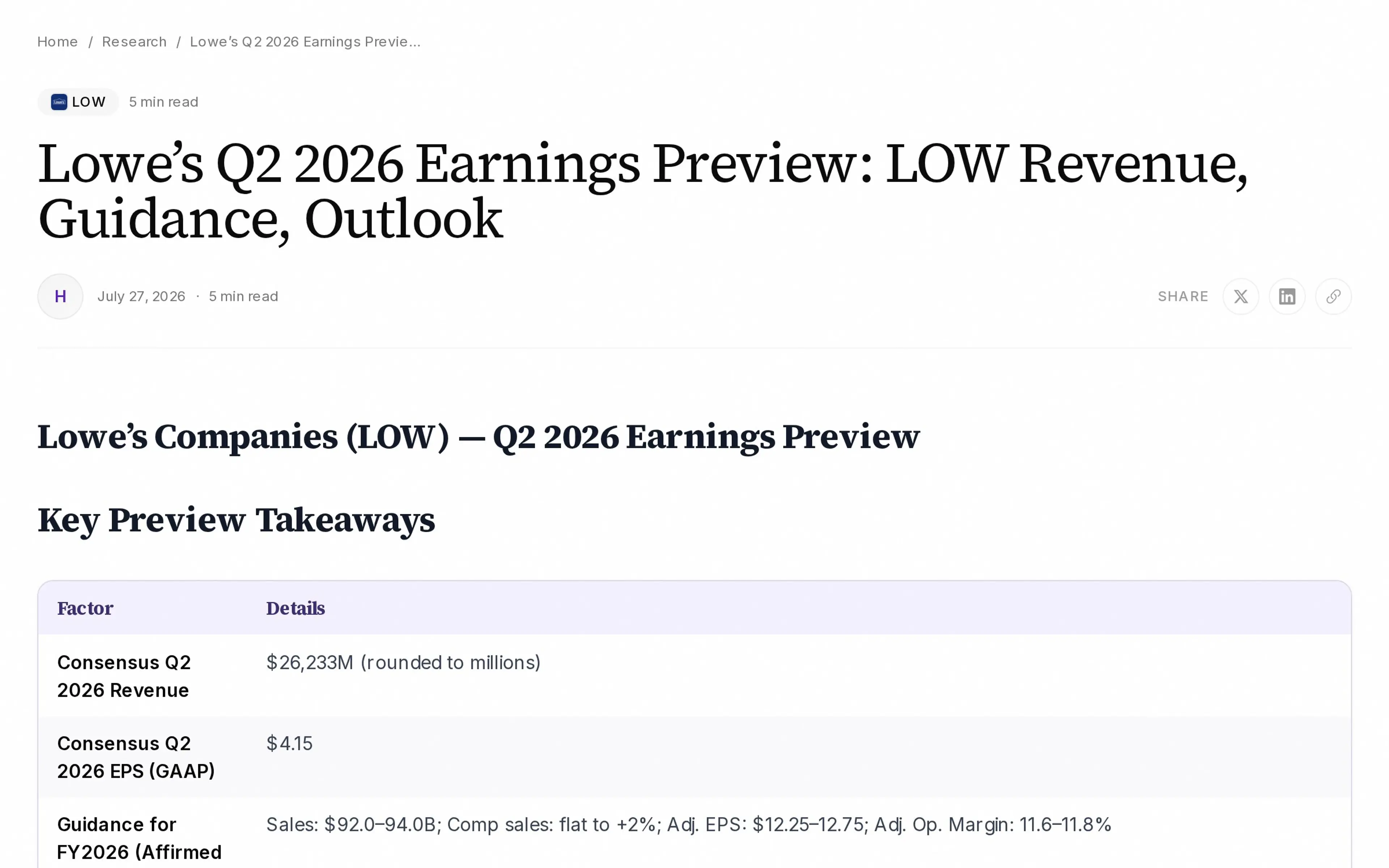 Lowe’s Q2 2026 Earnings Preview: LOW Revenue, Guidance, Outlook