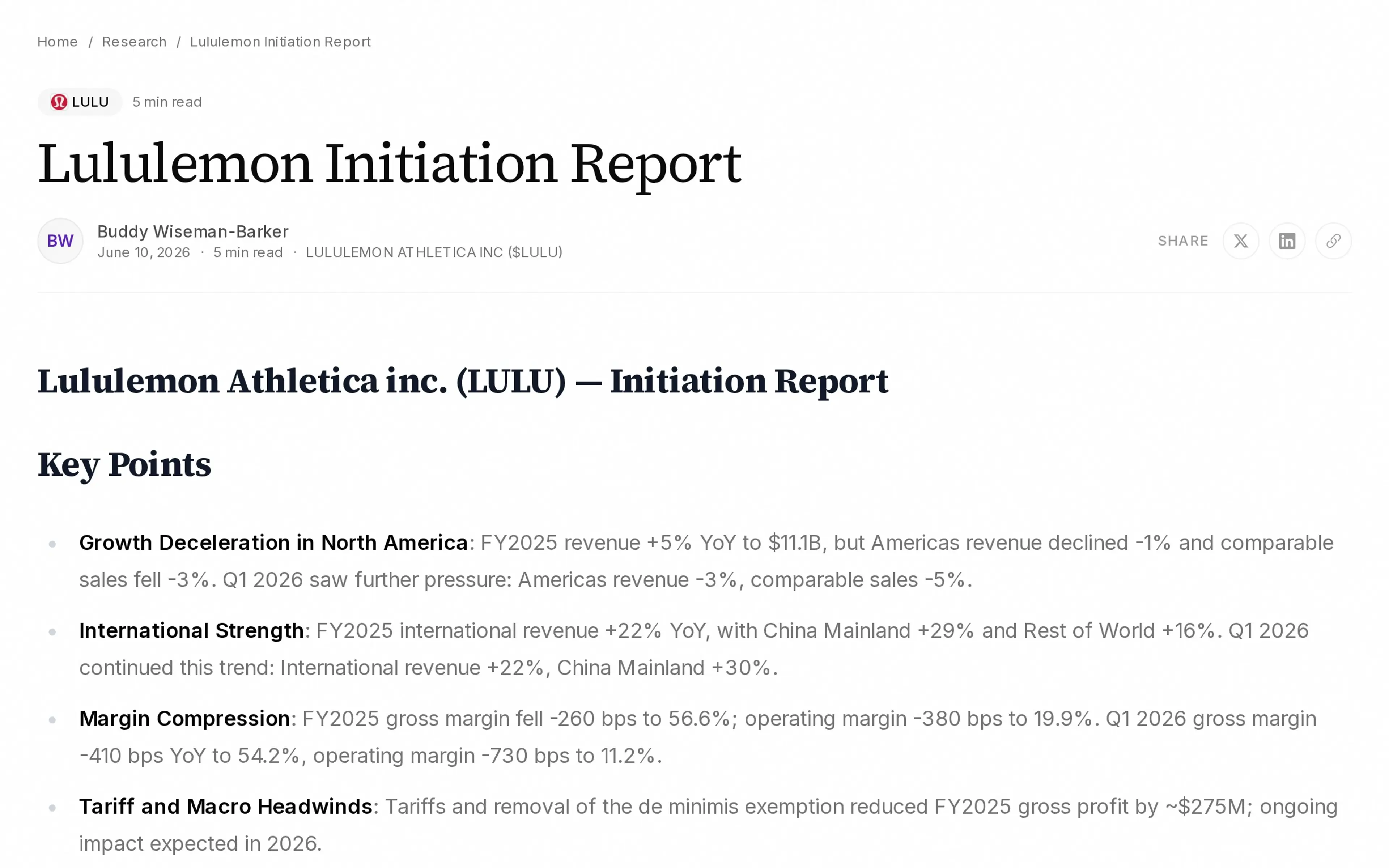 Lululemon Initiation Report