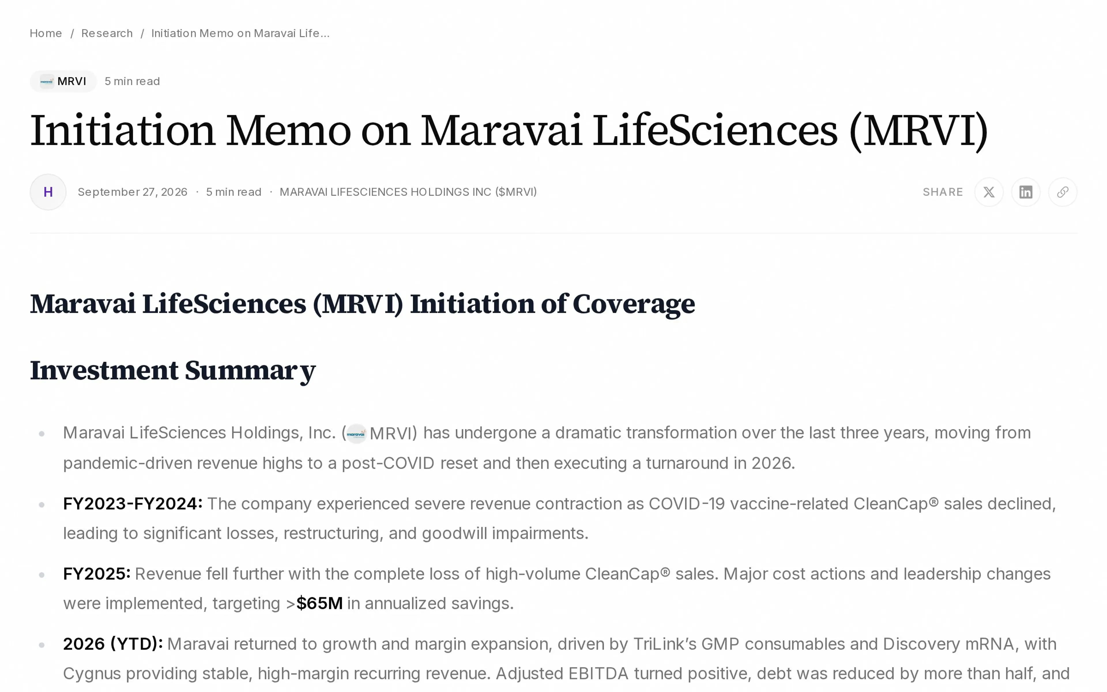 Initiation Memo on Maravai LifeSciences (MRVI)