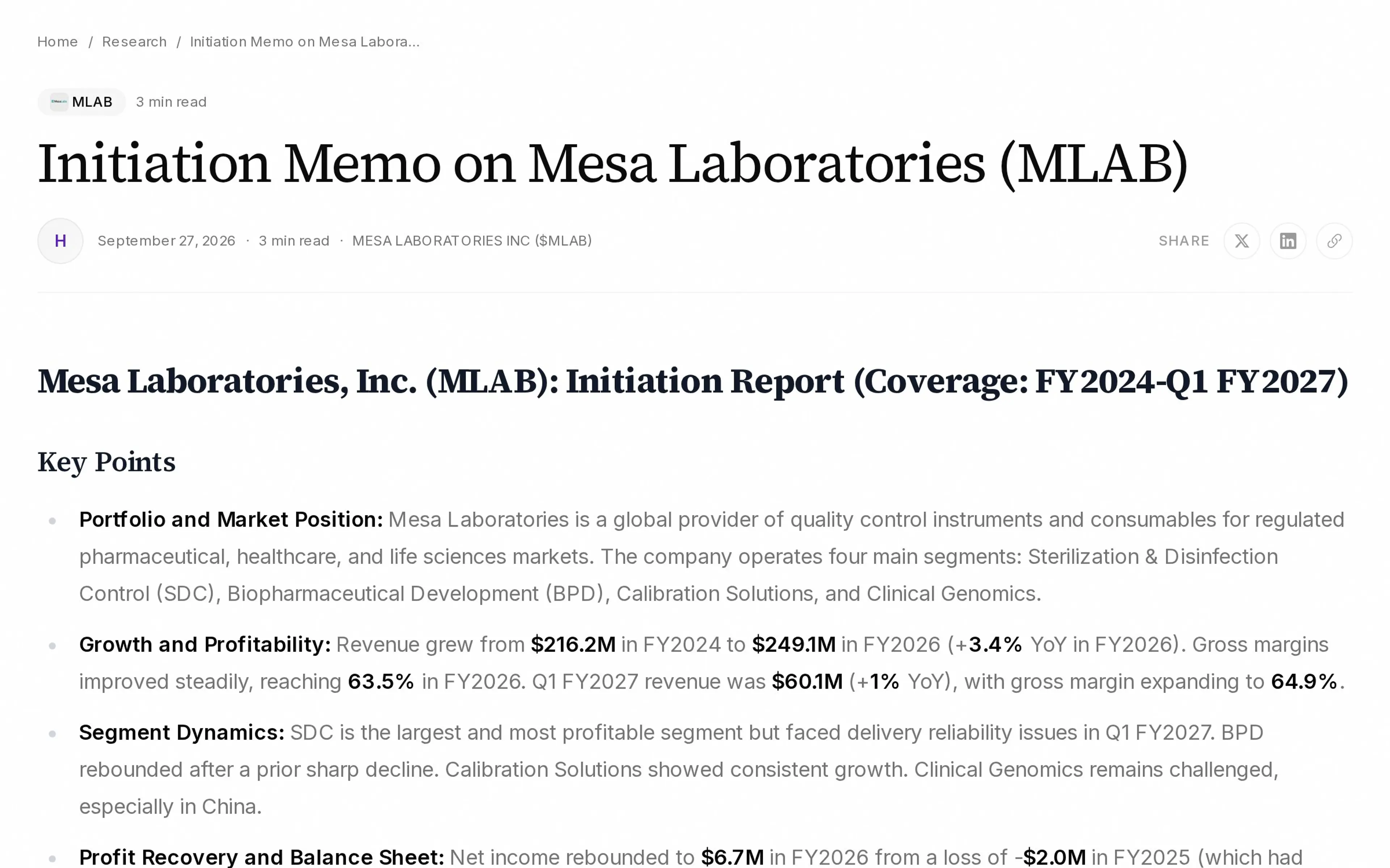 Initiation Memo on Mesa Laboratories (MLAB)