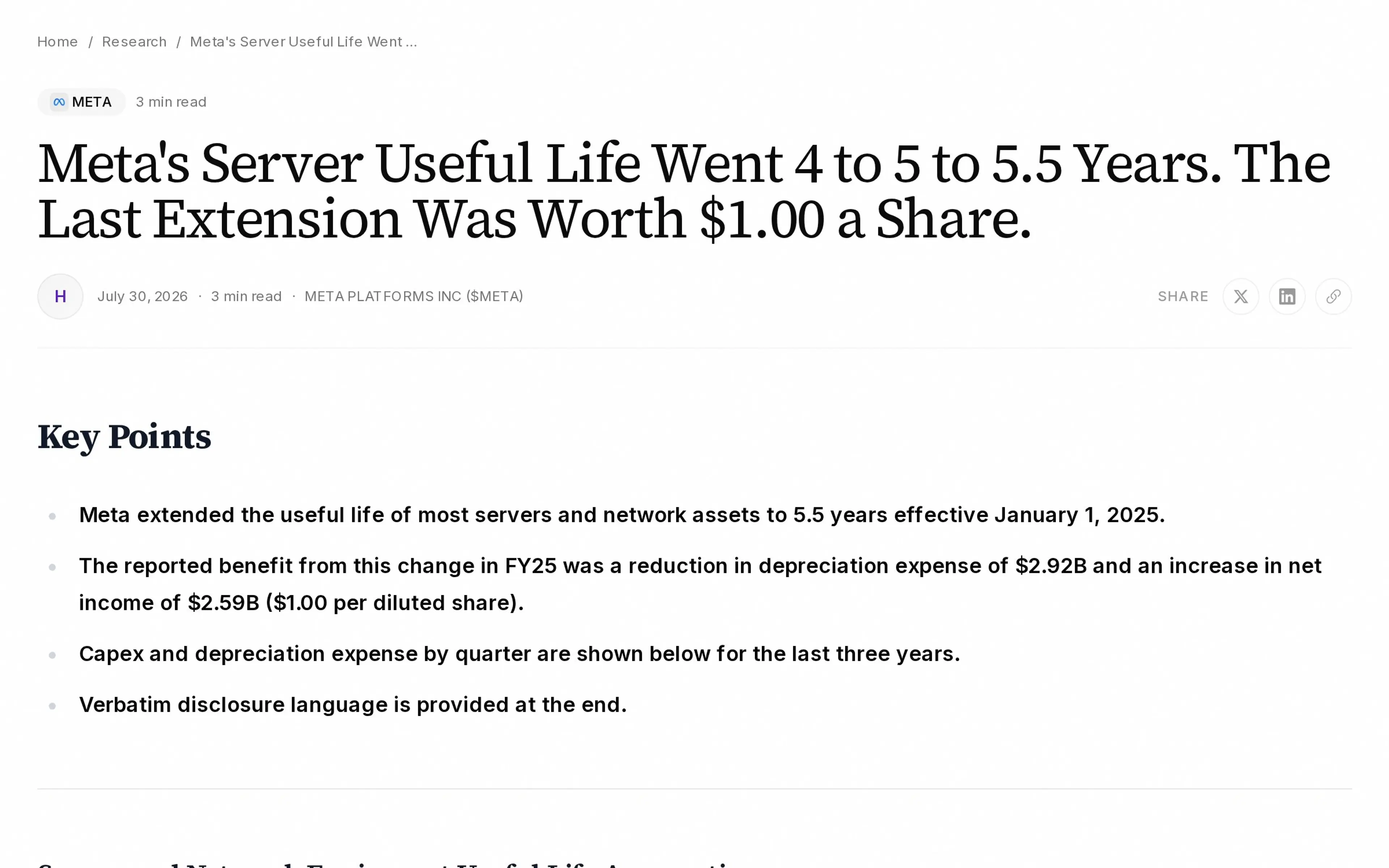 Meta's Server Useful Life Went 4 to 5 to 5.5 Years. The Last Extension Was Worth $1.00 a Share.