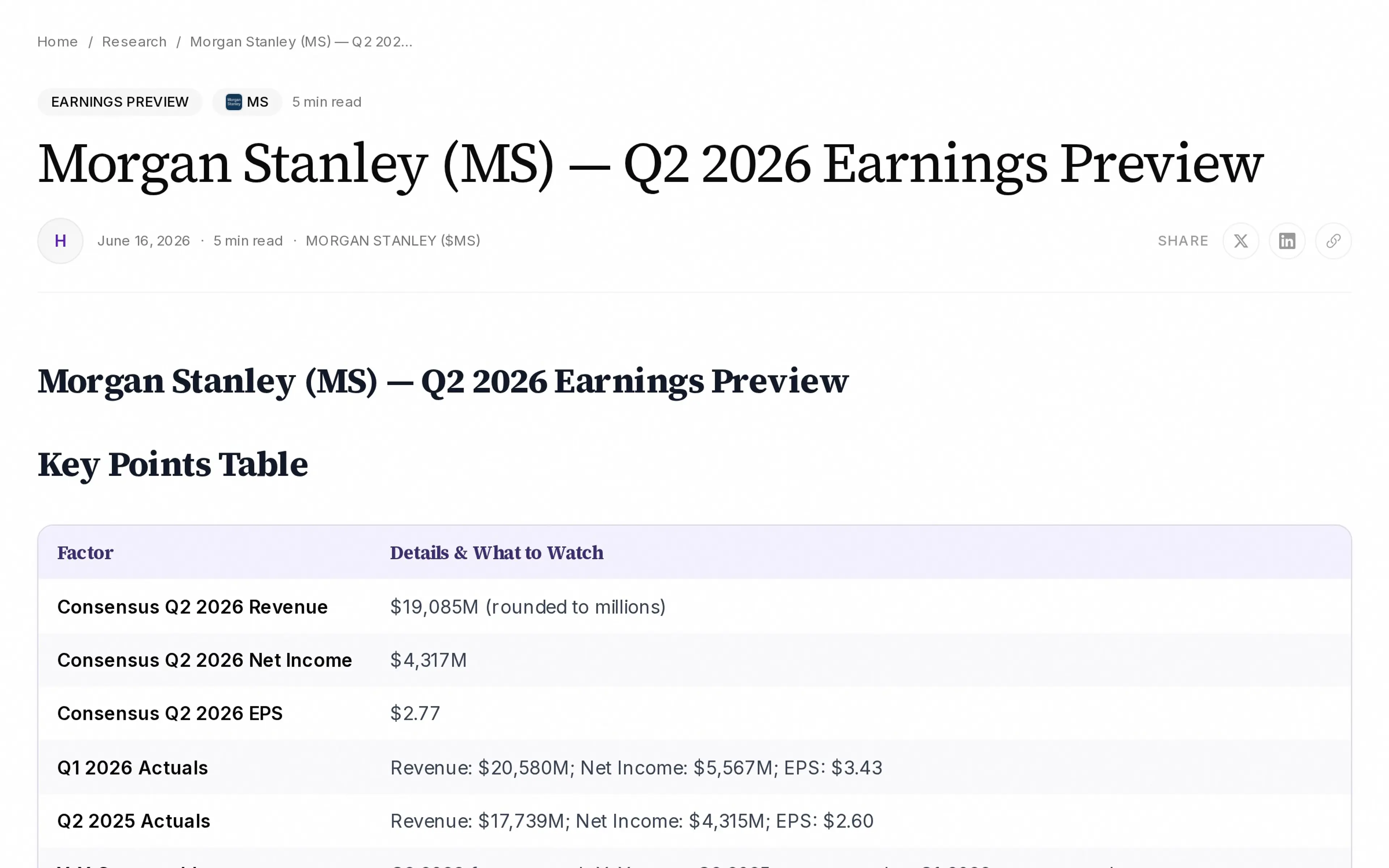 Morgan Stanley (MS) — Q2 2026 Earnings Preview