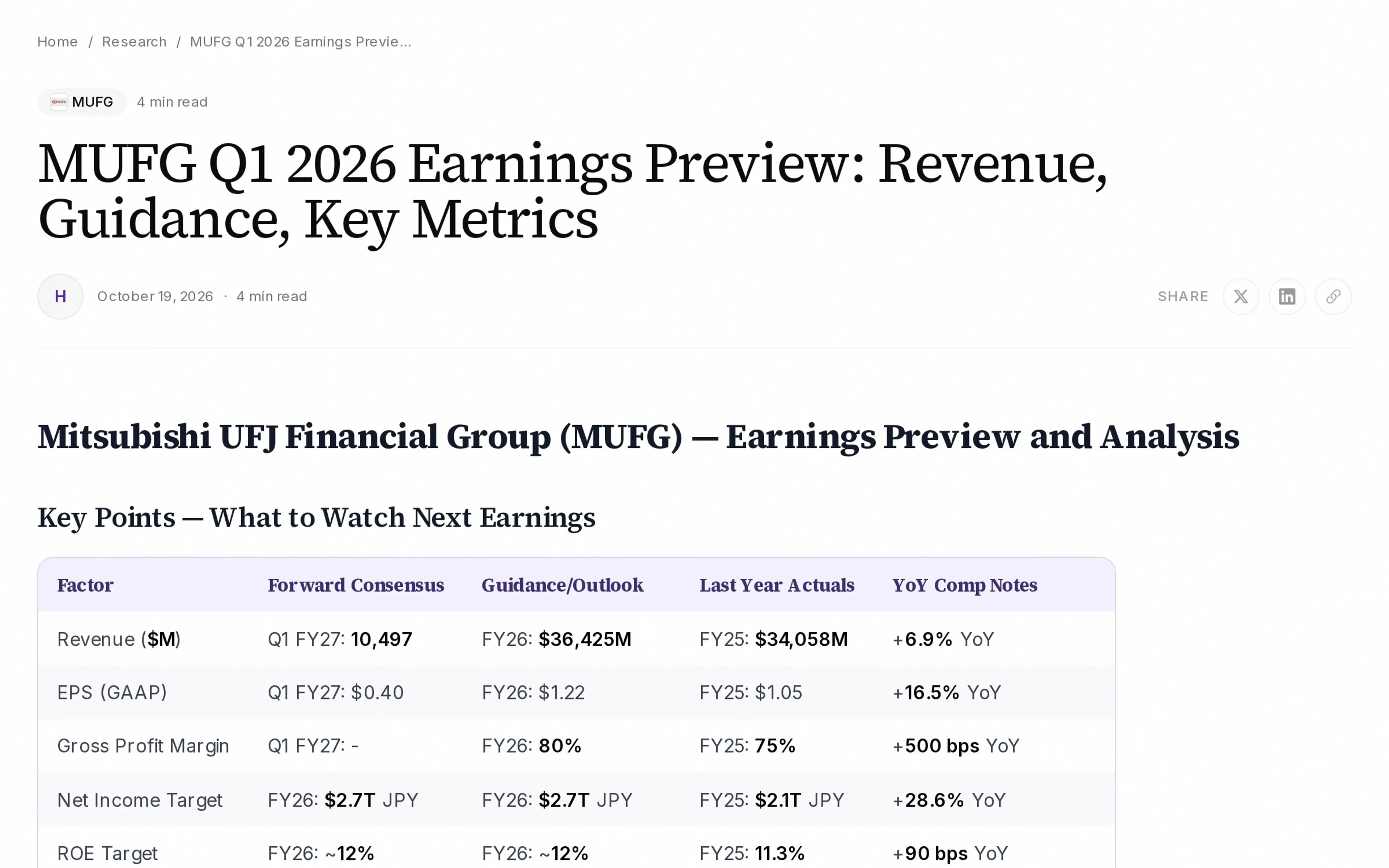 MUFG Q1 2026 Earnings Preview: Revenue, Guidance, Key Metrics