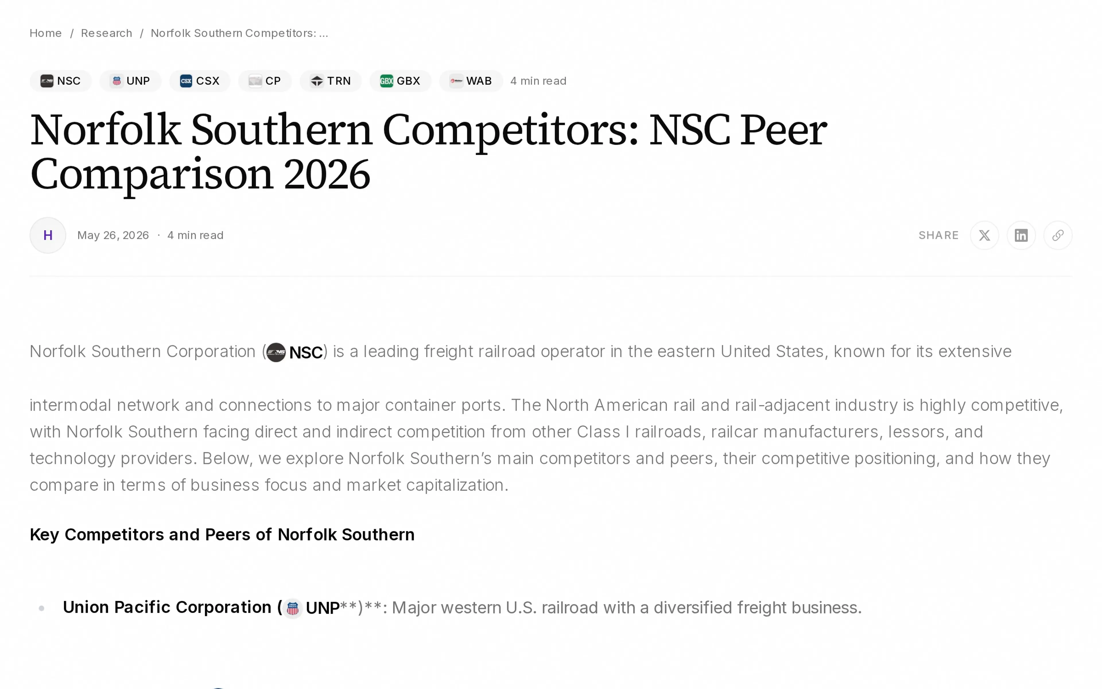 Norfolk Southern Competitors: NSC Peer Comparison 2026