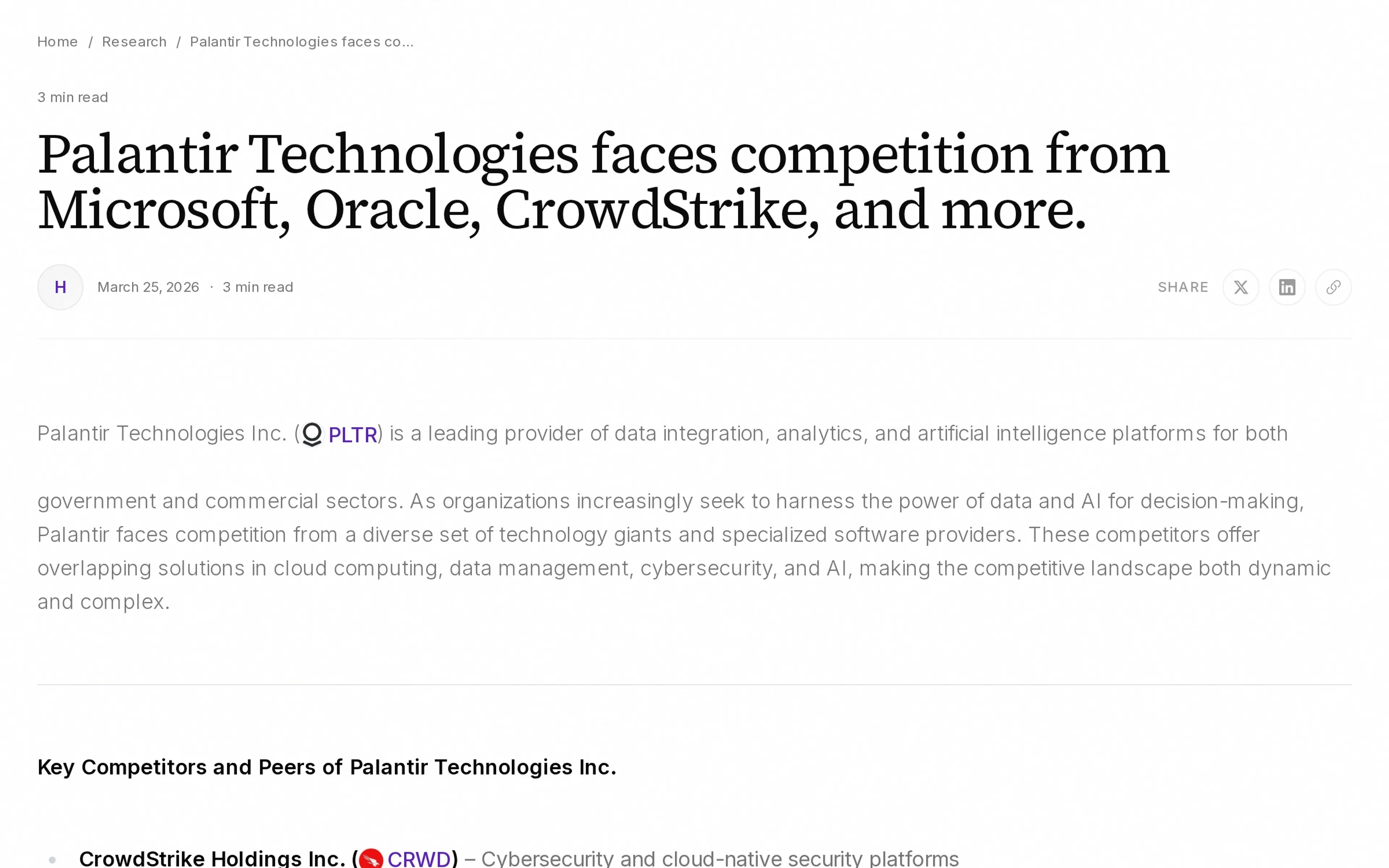 Palantir Technologies faces competition from Microsoft, Oracle, CrowdStrike, and more.