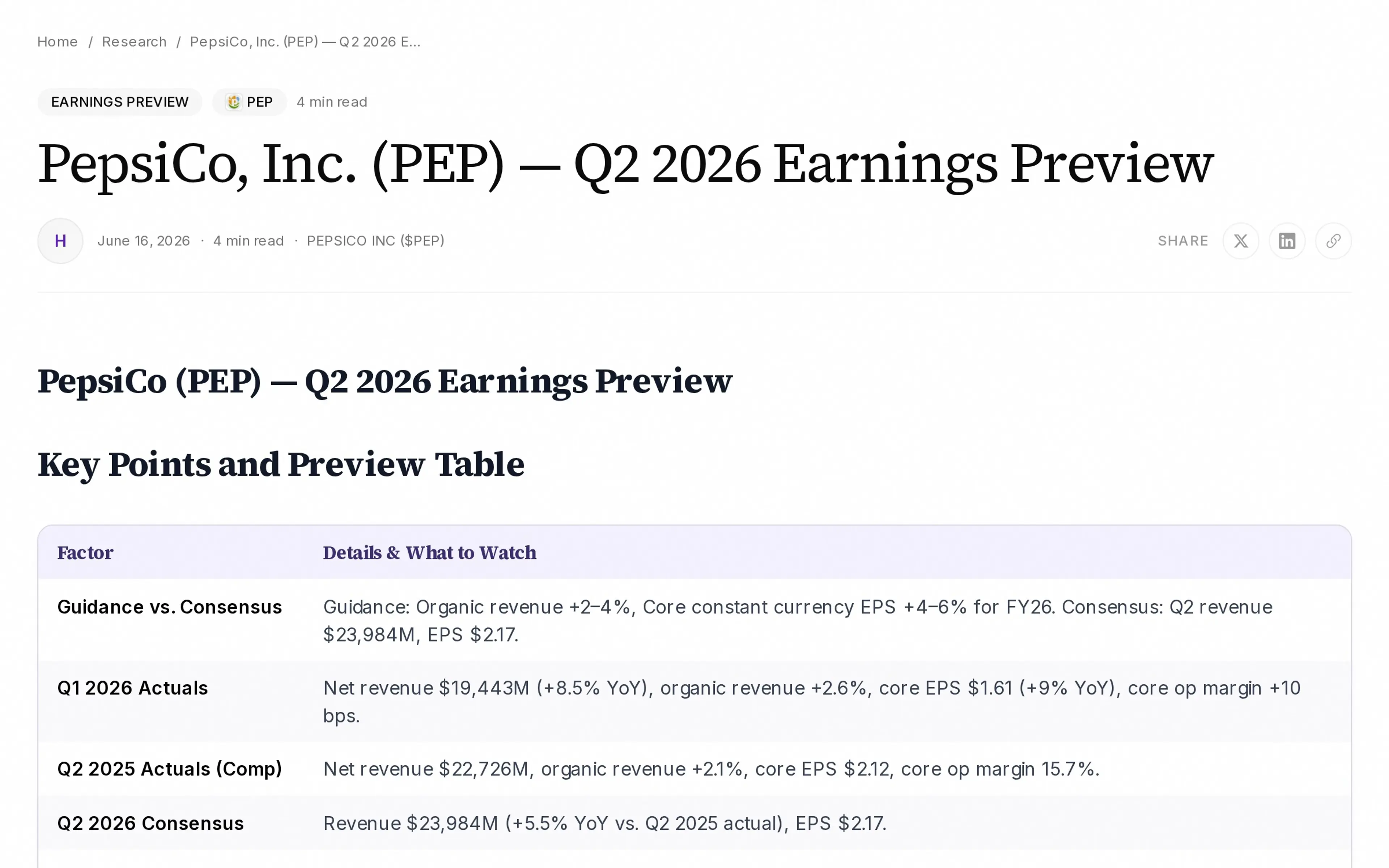 PepsiCo, Inc. (PEP) — Q2 2026 Earnings Preview