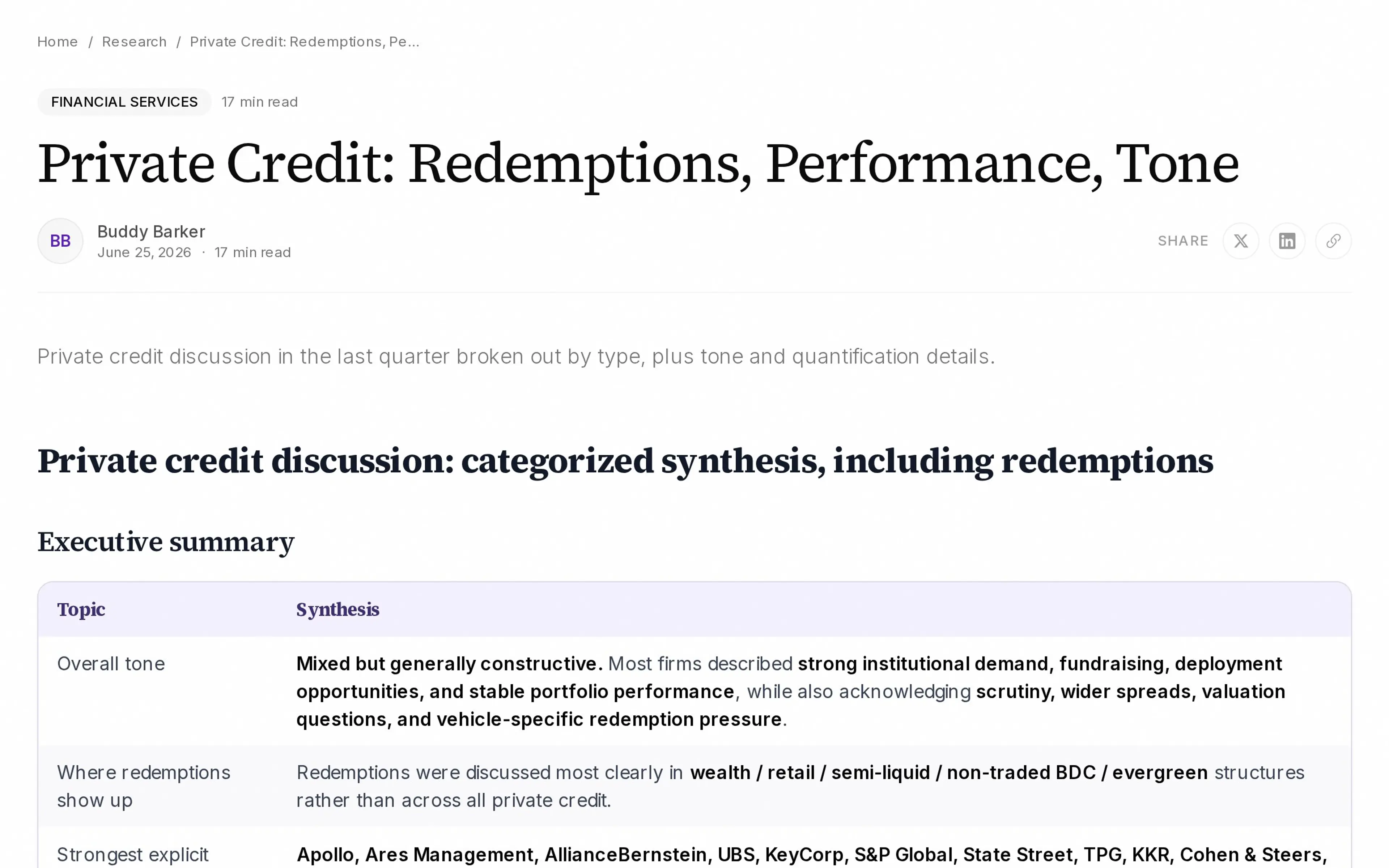 Private Credit: Redemptions, Performance, Tone
