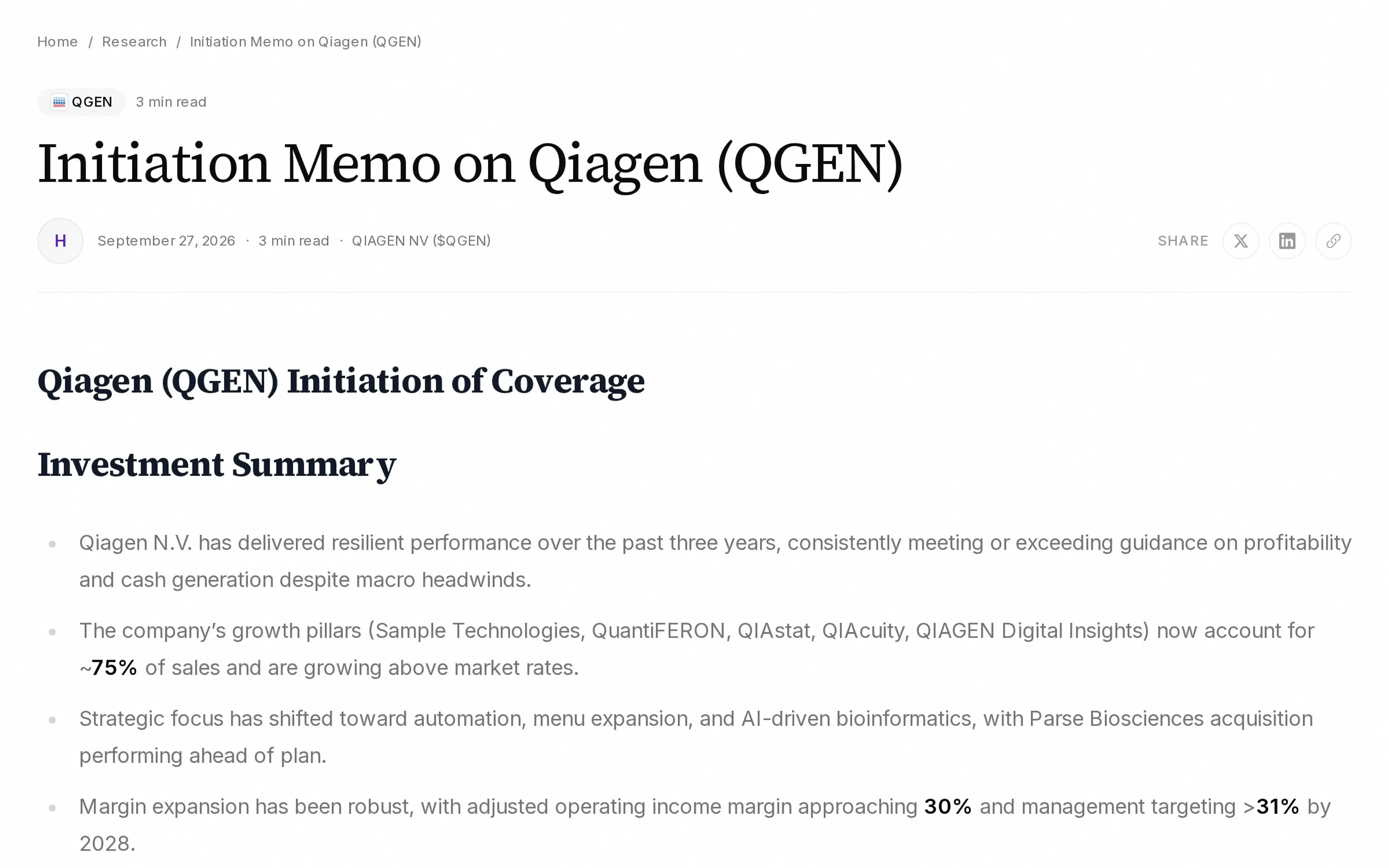 Initiation Memo on Qiagen (QGEN)
