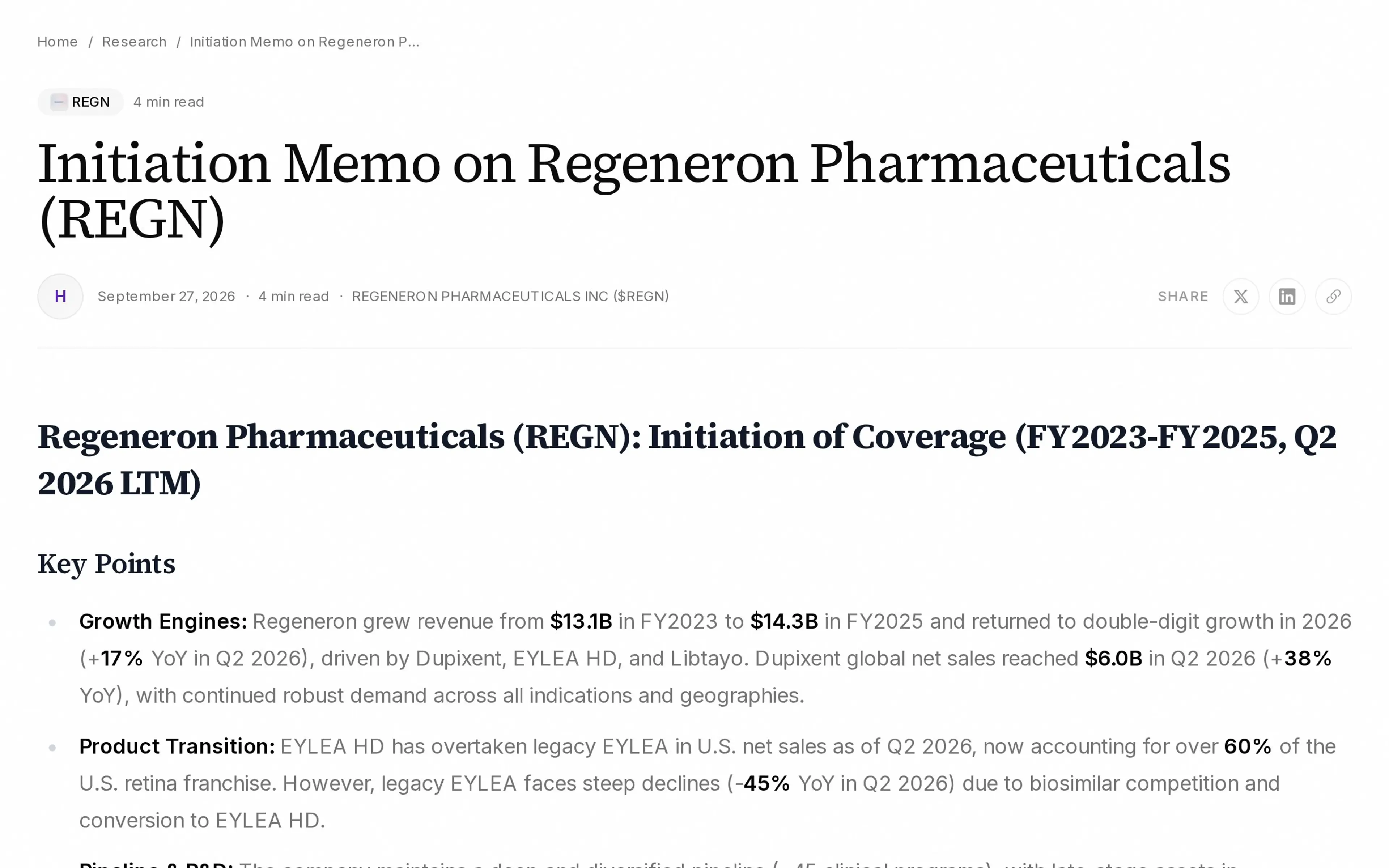 Initiation Memo on Regeneron Pharmaceuticals (REGN)