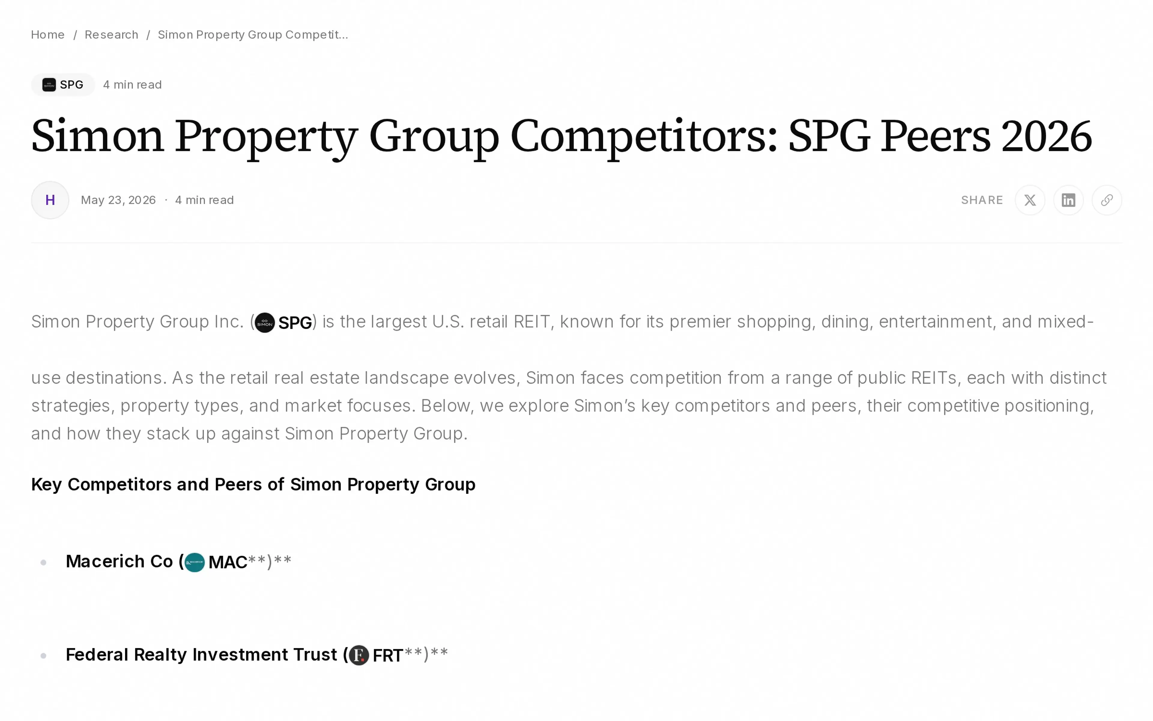 Simon Property Group Competitors: SPG Peers 2026
