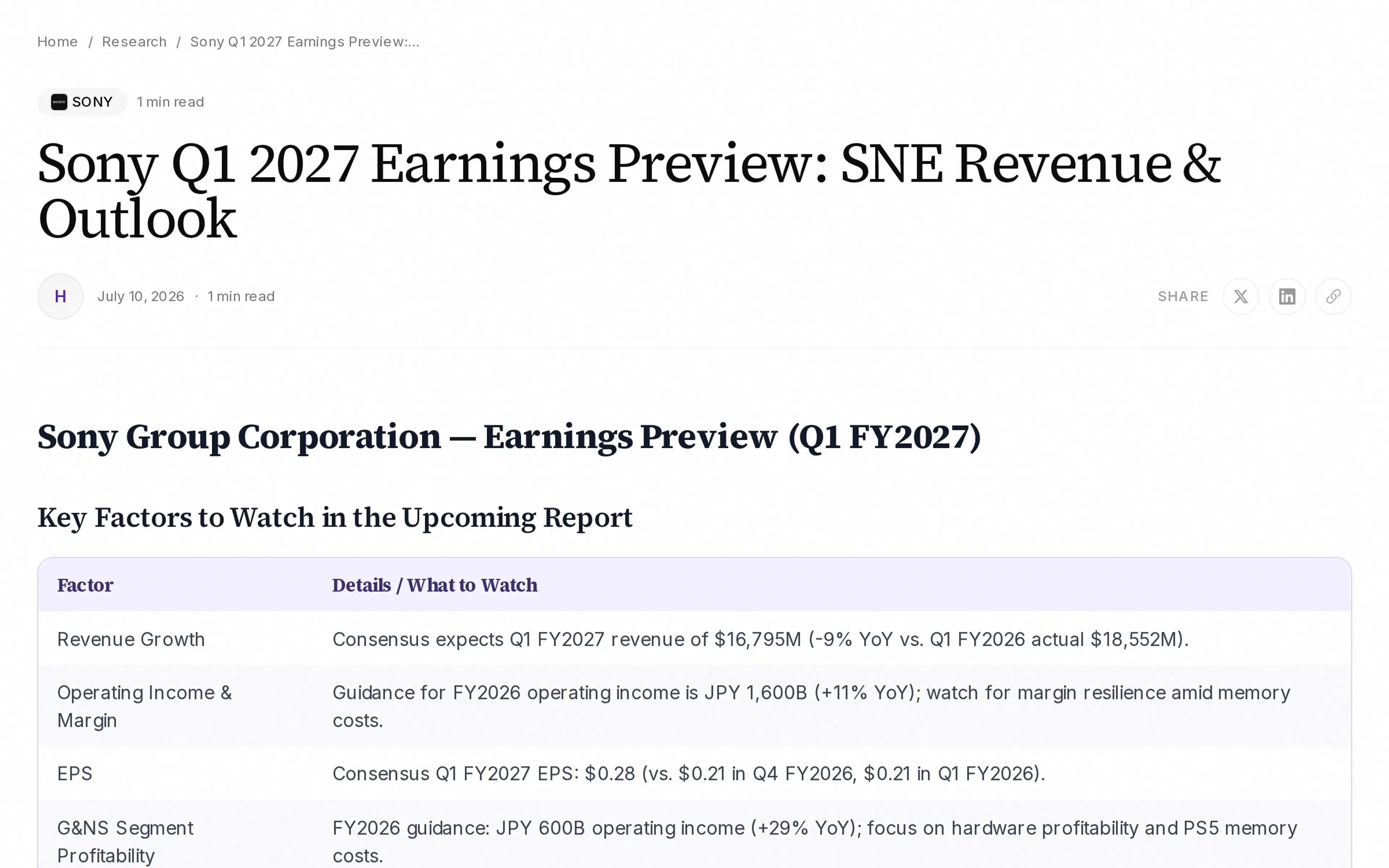 Sony Q1 2027 Earnings Preview: SNE Revenue & Outlook