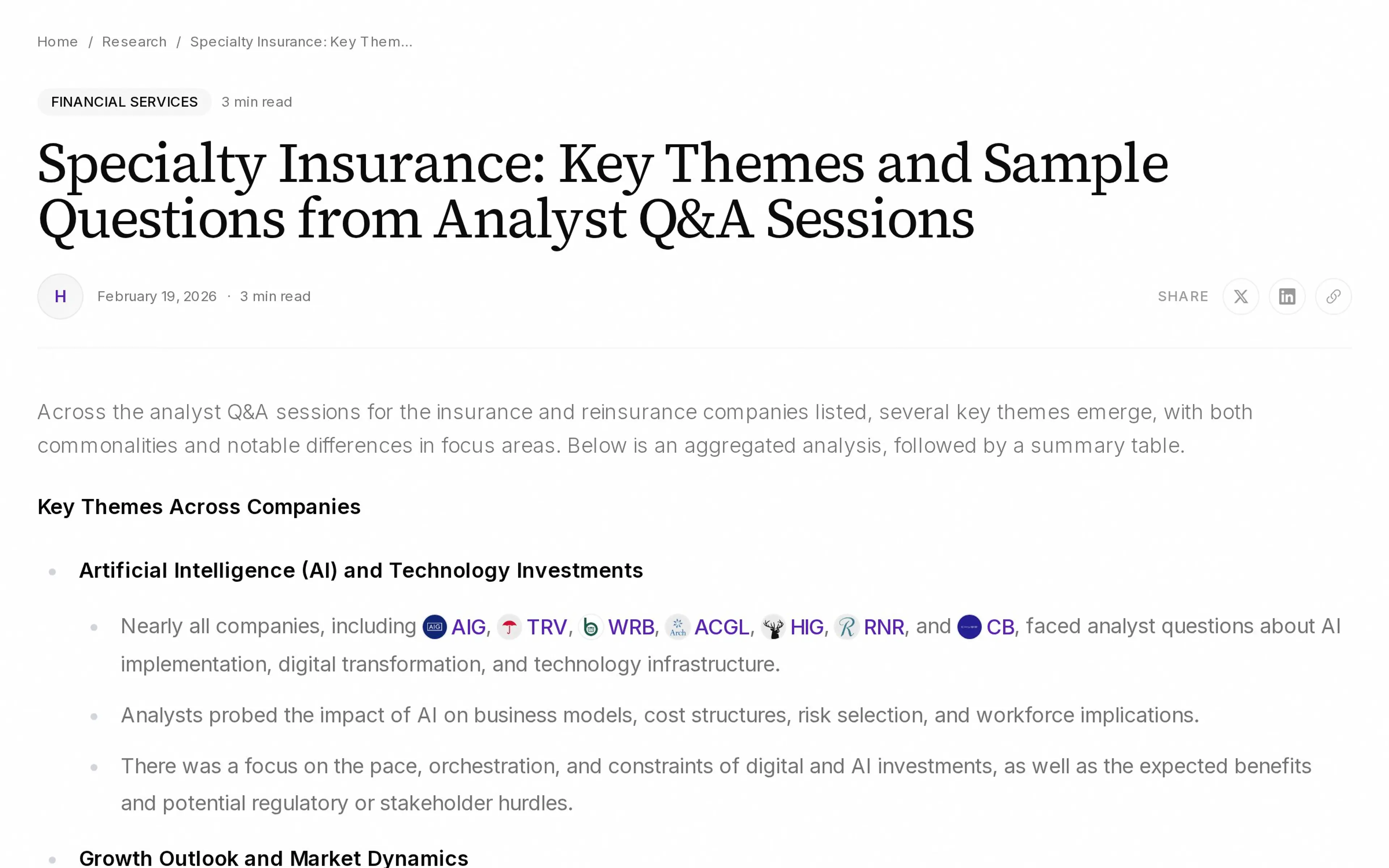 Specialty Insurance: Key Themes and Sample Questions from Analyst Q&A Sessions