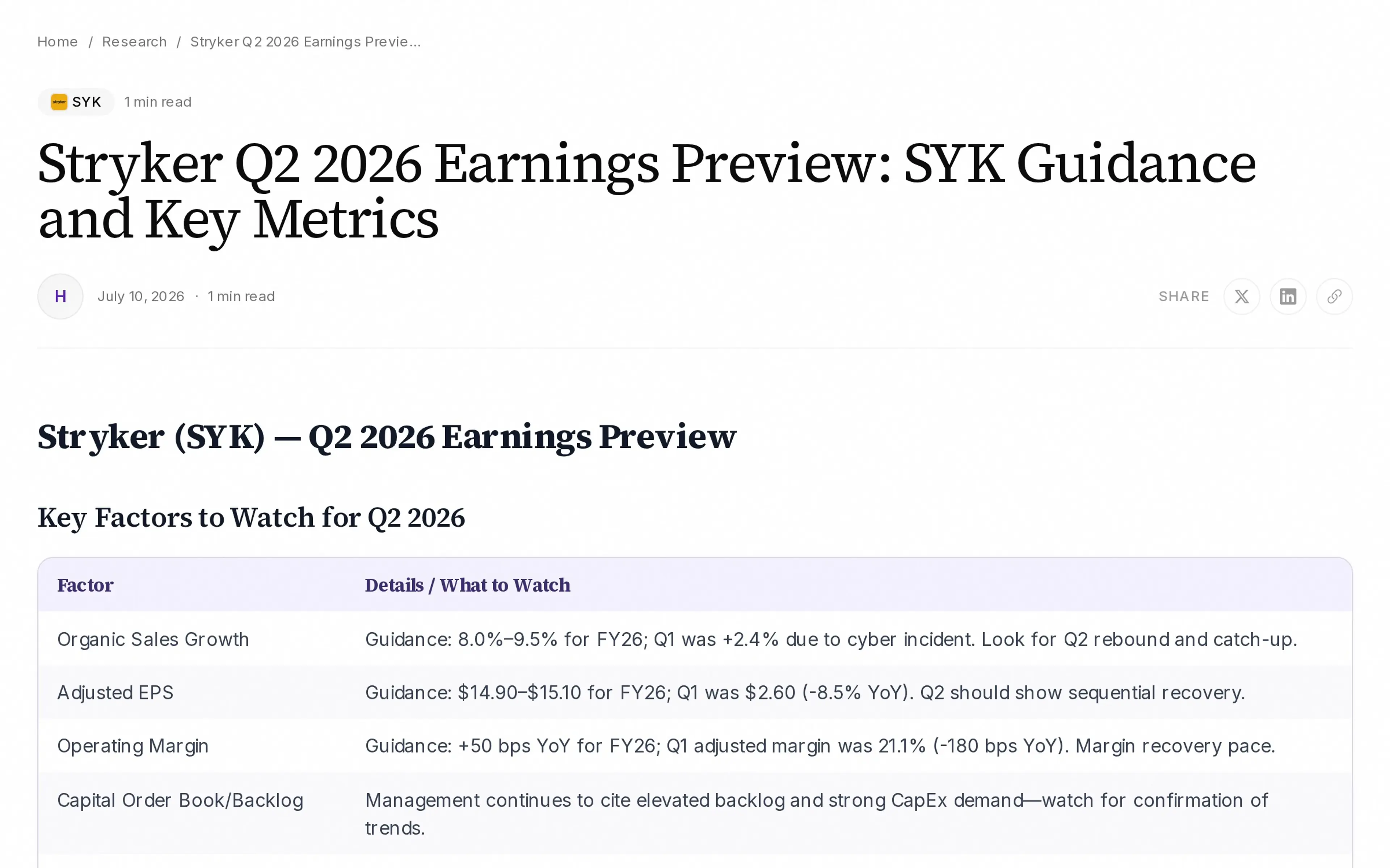 Stryker Q2 2026 Earnings Preview: SYK Guidance and Key Metrics