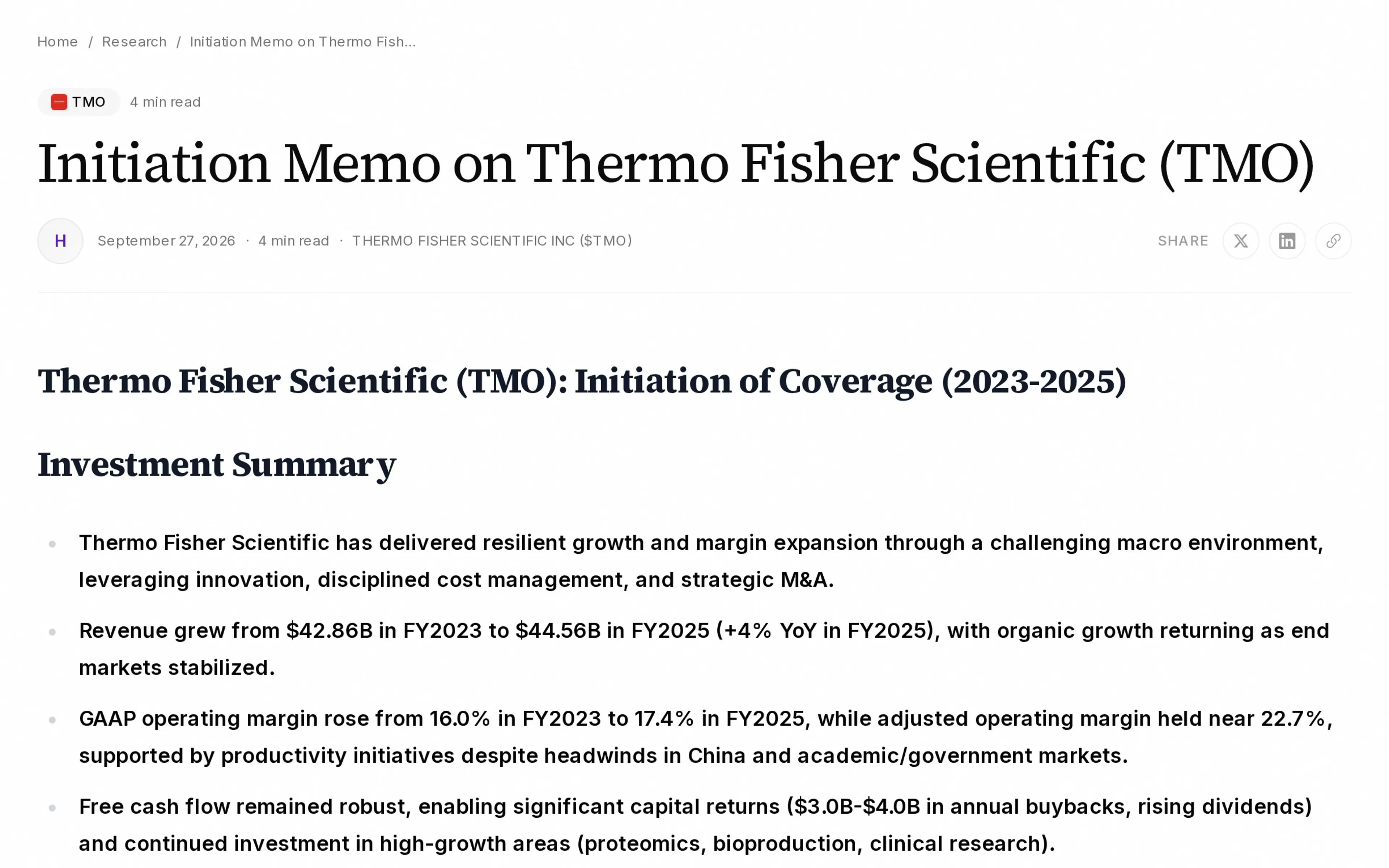 Initiation Memo on Thermo Fisher Scientific (TMO)