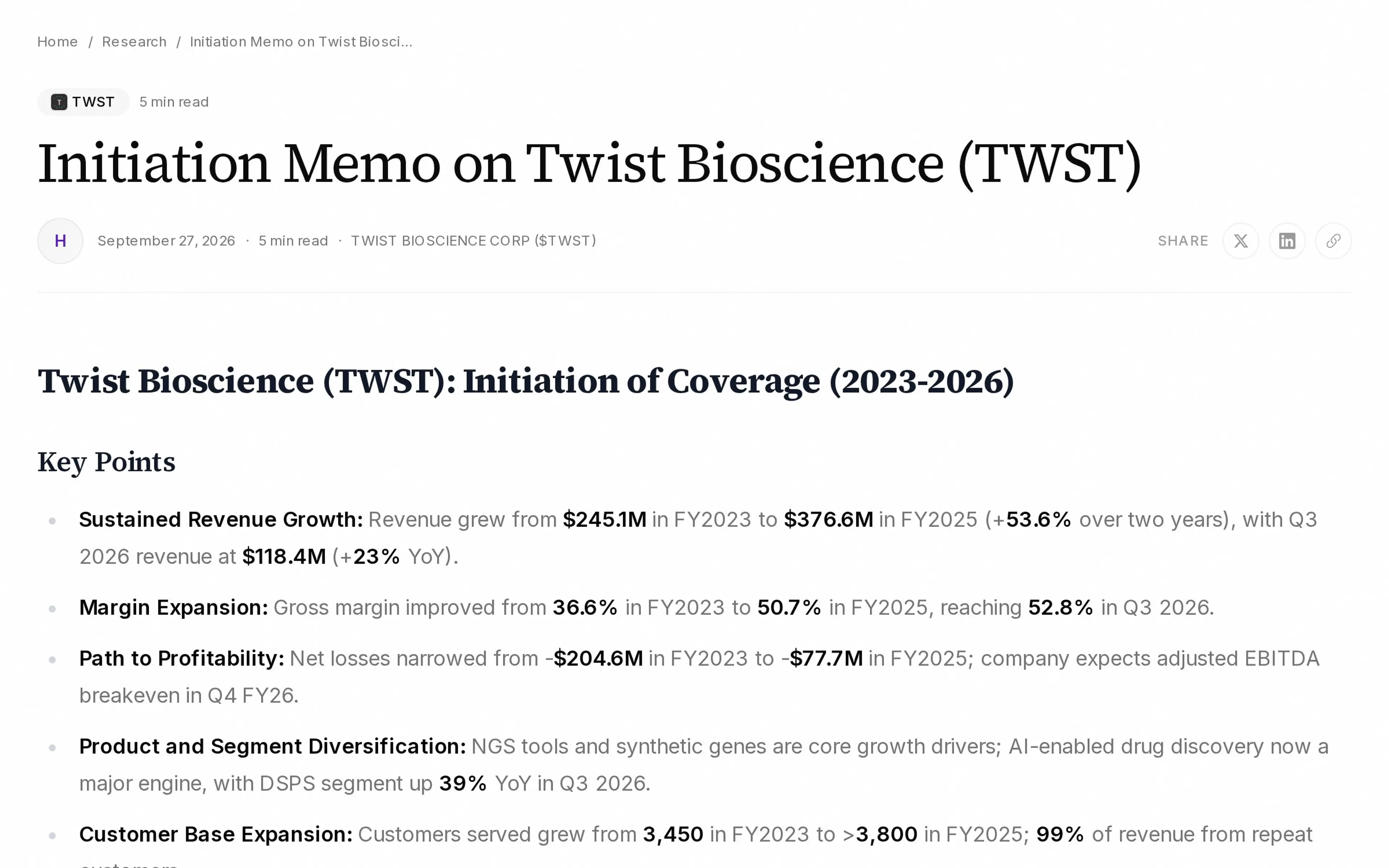 Initiation Memo on Twist Bioscience (TWST)