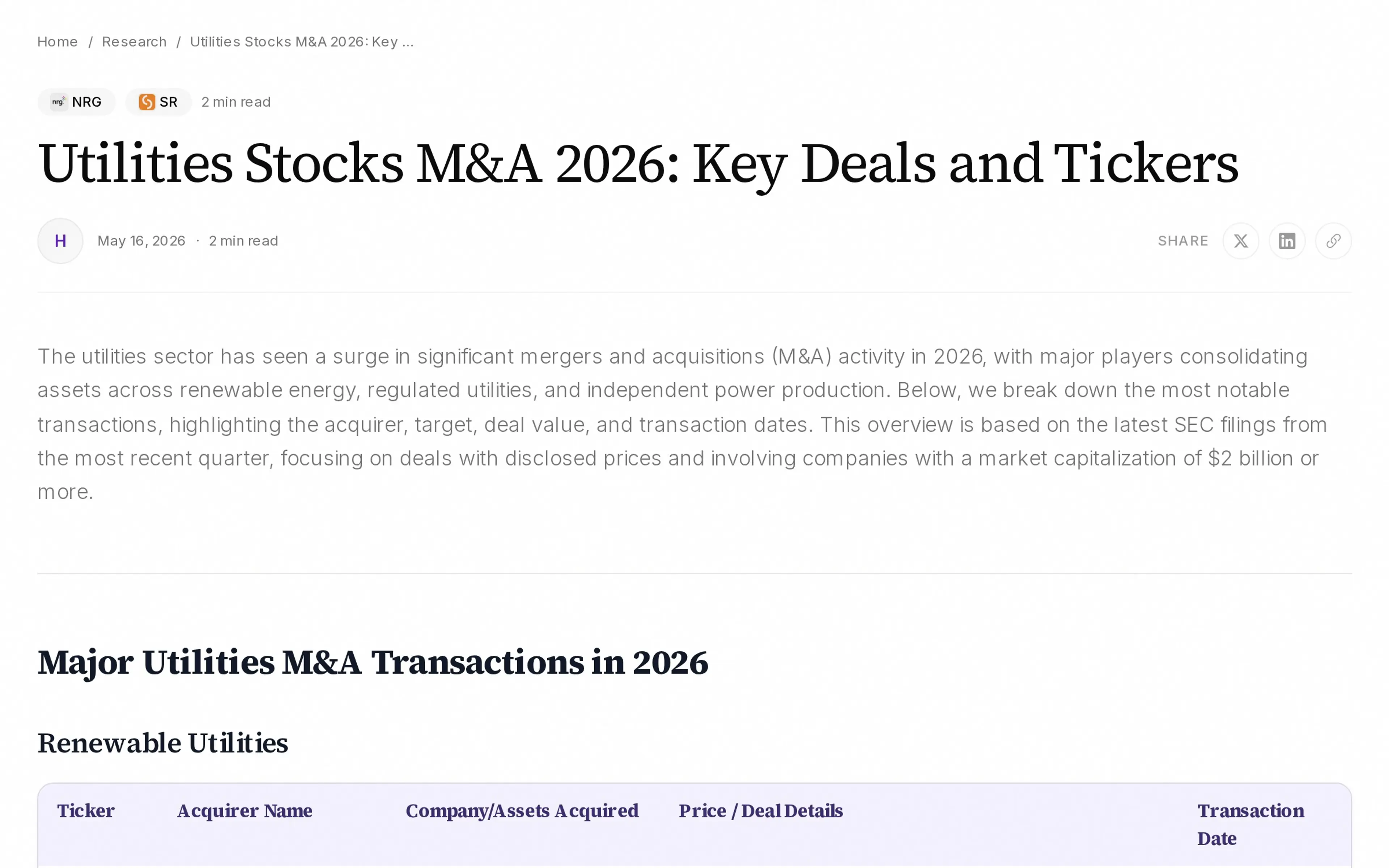 Utilities Stocks M&A 2026: Key Deals and Tickers