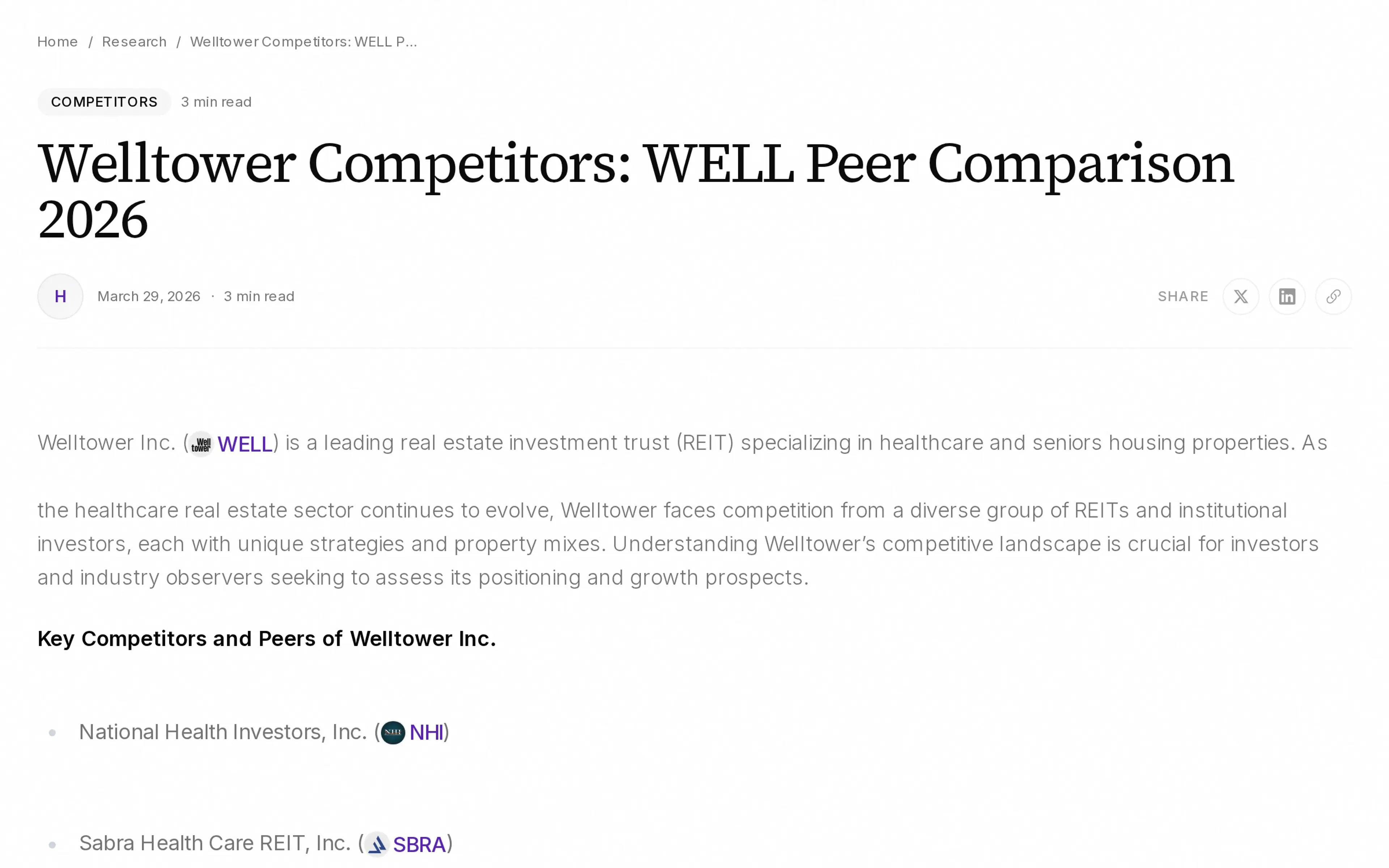 Welltower Competitors: WELL Peer Comparison 2026