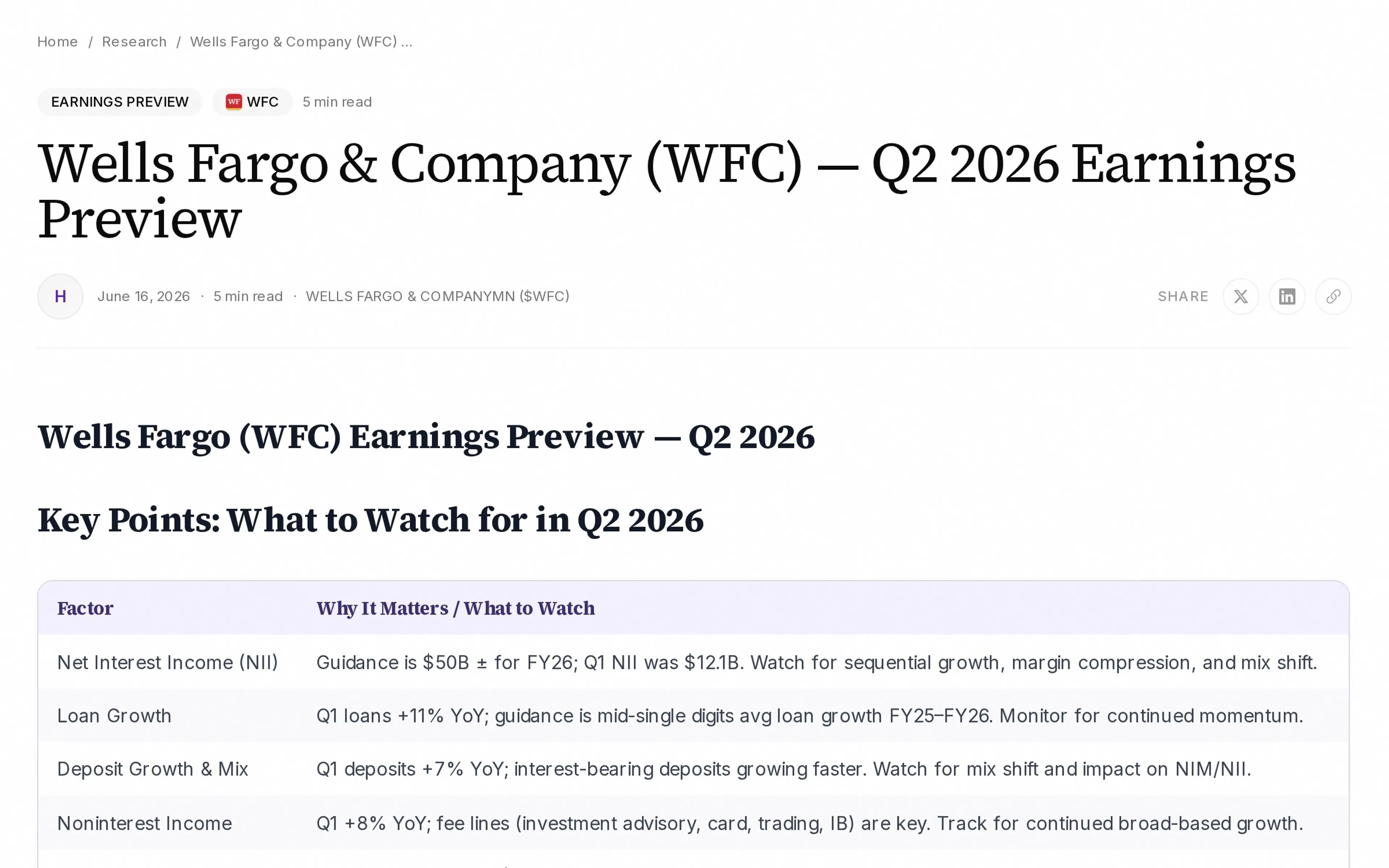 Wells Fargo & Company (WFC) — Q2 2026 Earnings Preview