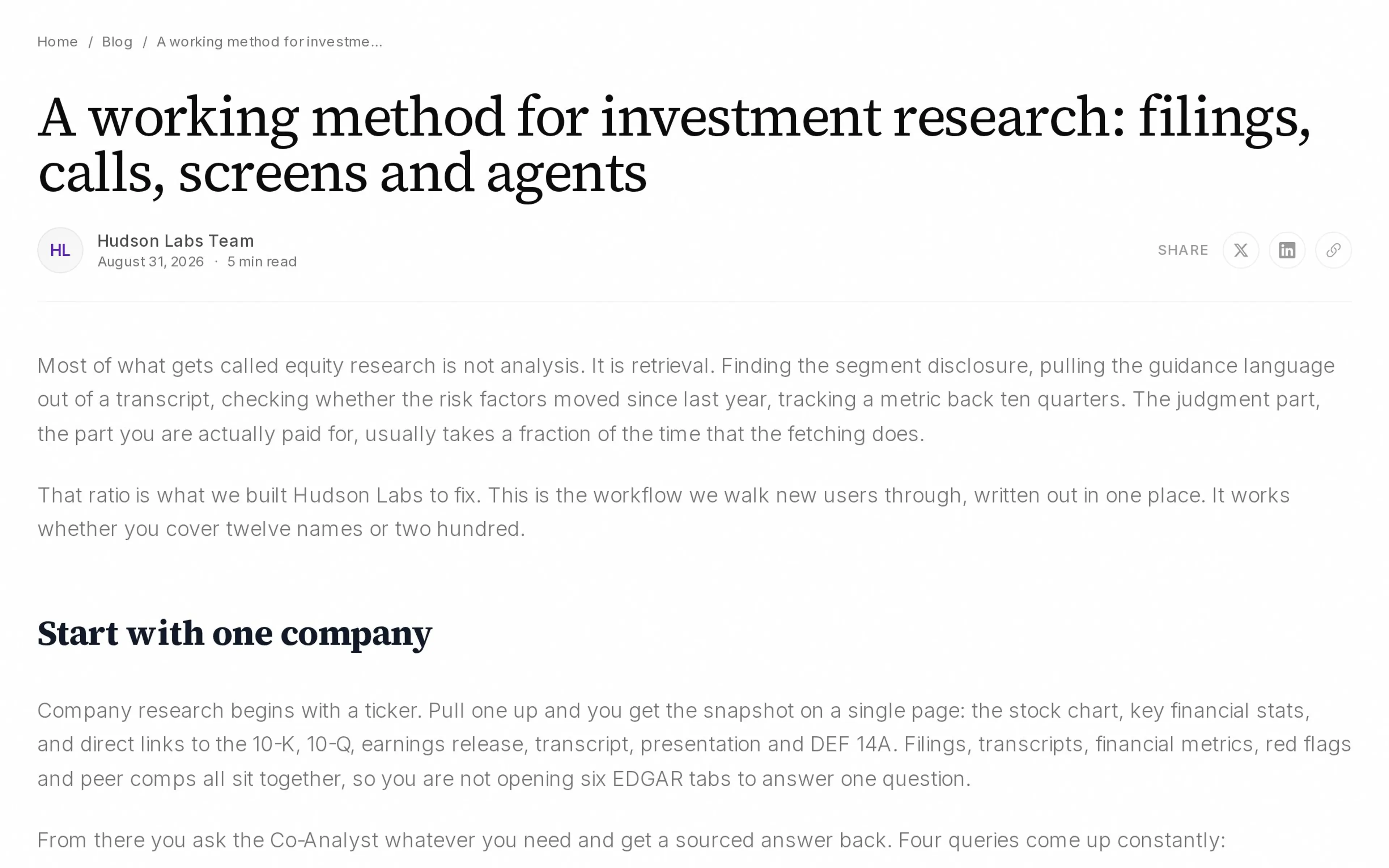 A working method for investment research: filings, calls, screens and agents